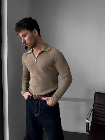 Kleidermafia Tröja 'Slim Fit Knit Zipper Polo Sweater - Camel' i beige