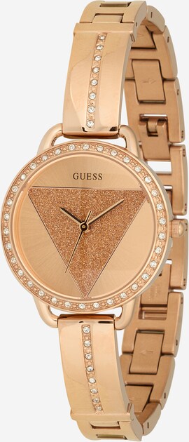 Guess Horloge Dames Mini Luna - Analoog Kwartshorloge Met Edelstenen, Roze Wijzerplaat, Roestvrijstalen Band