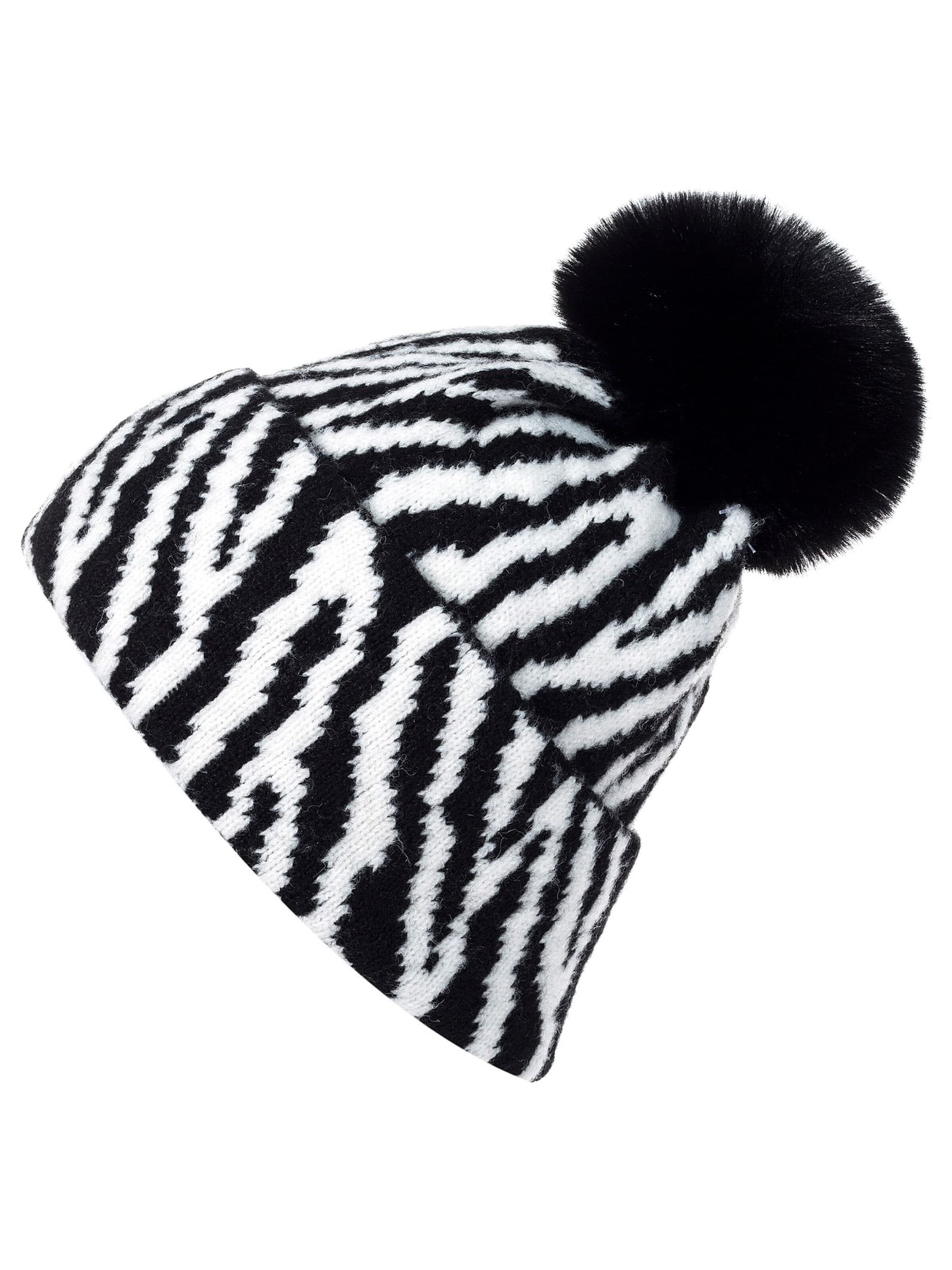 styleBREAKER Mütze 'Strick Bommelmütze mit Zebra Muster'‌‌‌‌‌‌‌‌ in Schwarz: Vorderseite