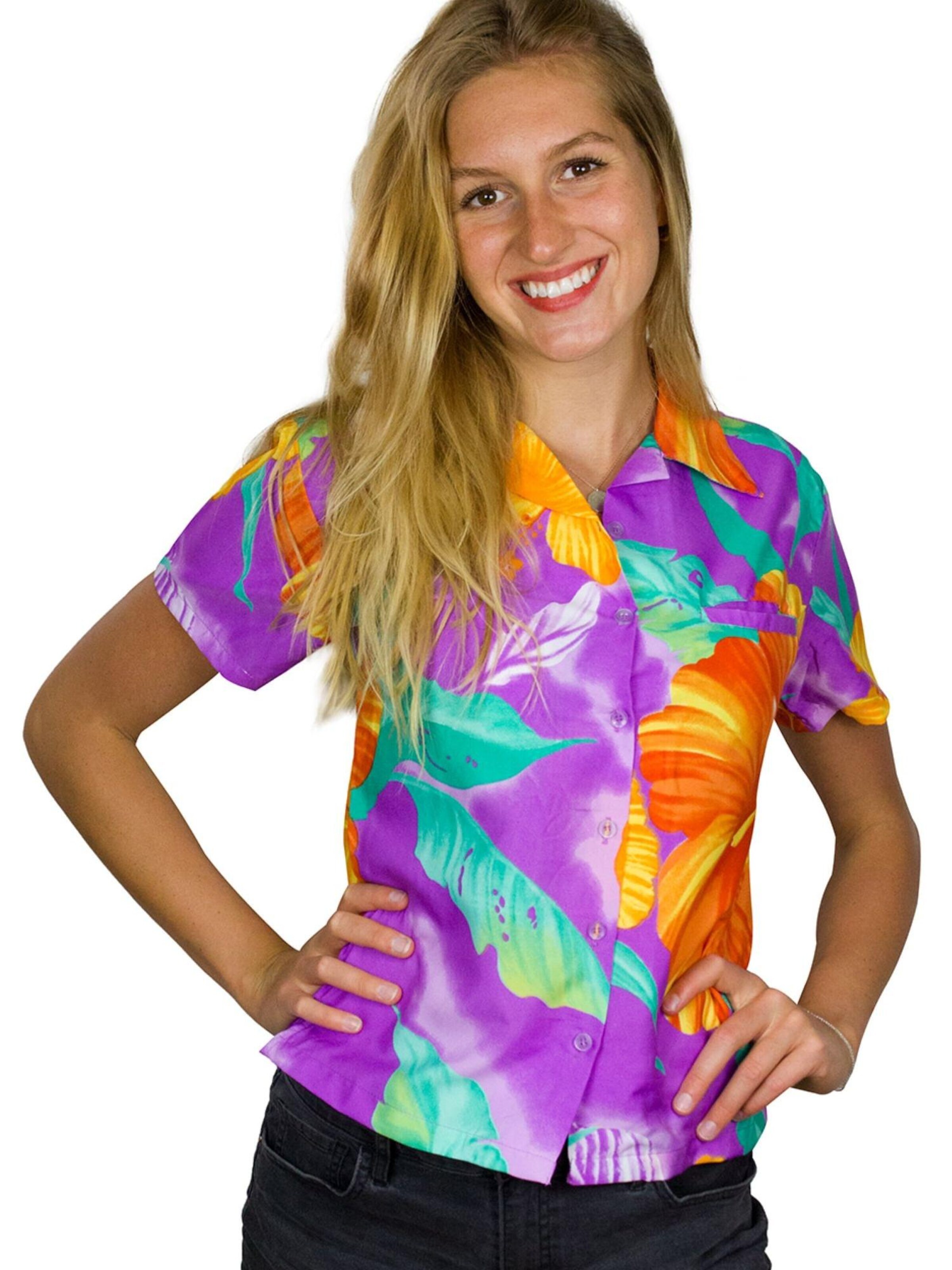 Camicia da donna 'Big Flower' di King Kameha in lilla: frontale