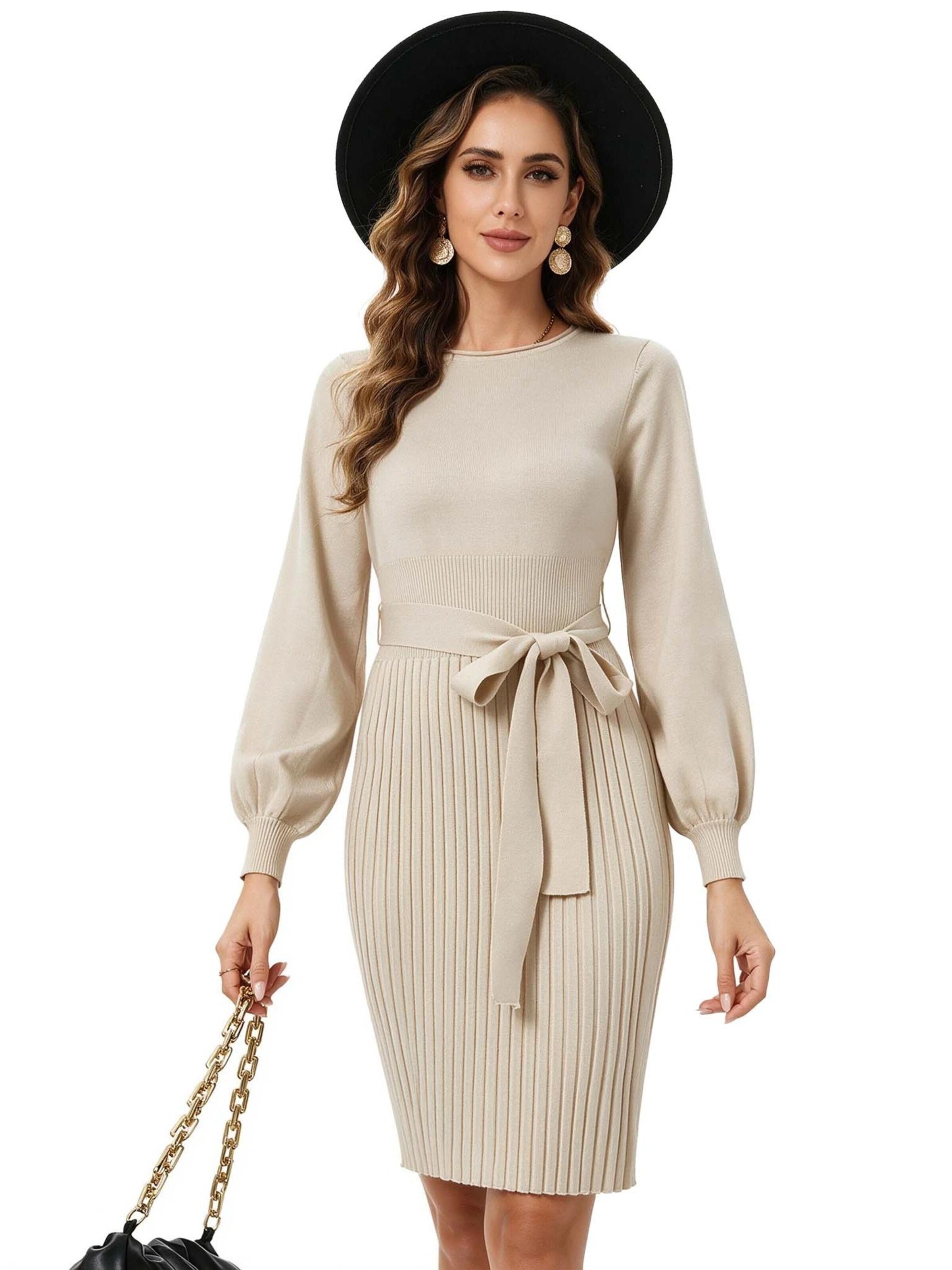 KoJooin Sukienka 'Damen-Strickkleid mit Rundhalsausschnitt, Bindegürtel, Plisseefalten und langen Ärmeln' w kolorze pomarańczowy