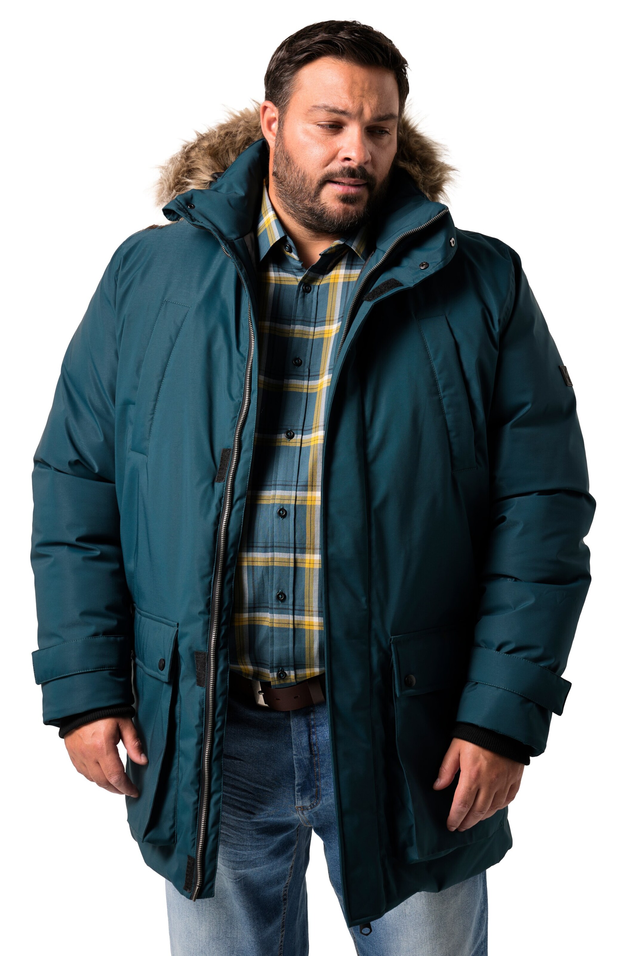 Men Plus Winter Parka in Green: front