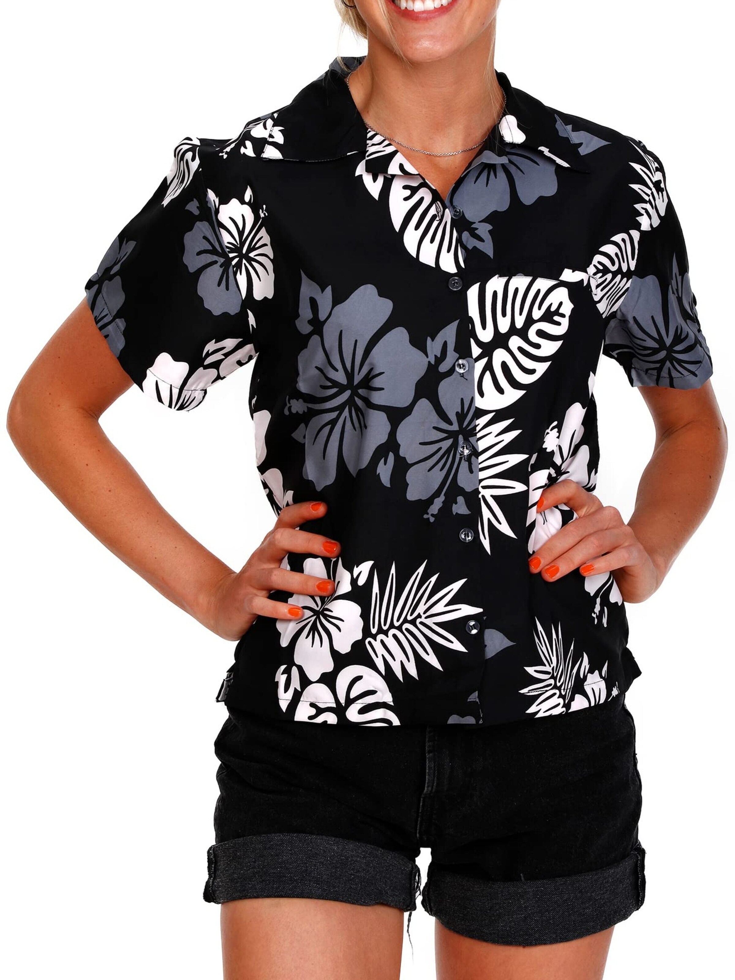 Camicia da donna 'Mono Hibiscus' di King Kameha in nero: frontale