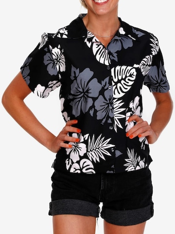 Camicia da donna 'Mono Hibiscus' di King Kameha in nero: frontale
