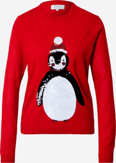 ONLY Pullover 'Xmas' in feuerrot / schwarz / weiß, Produktansicht