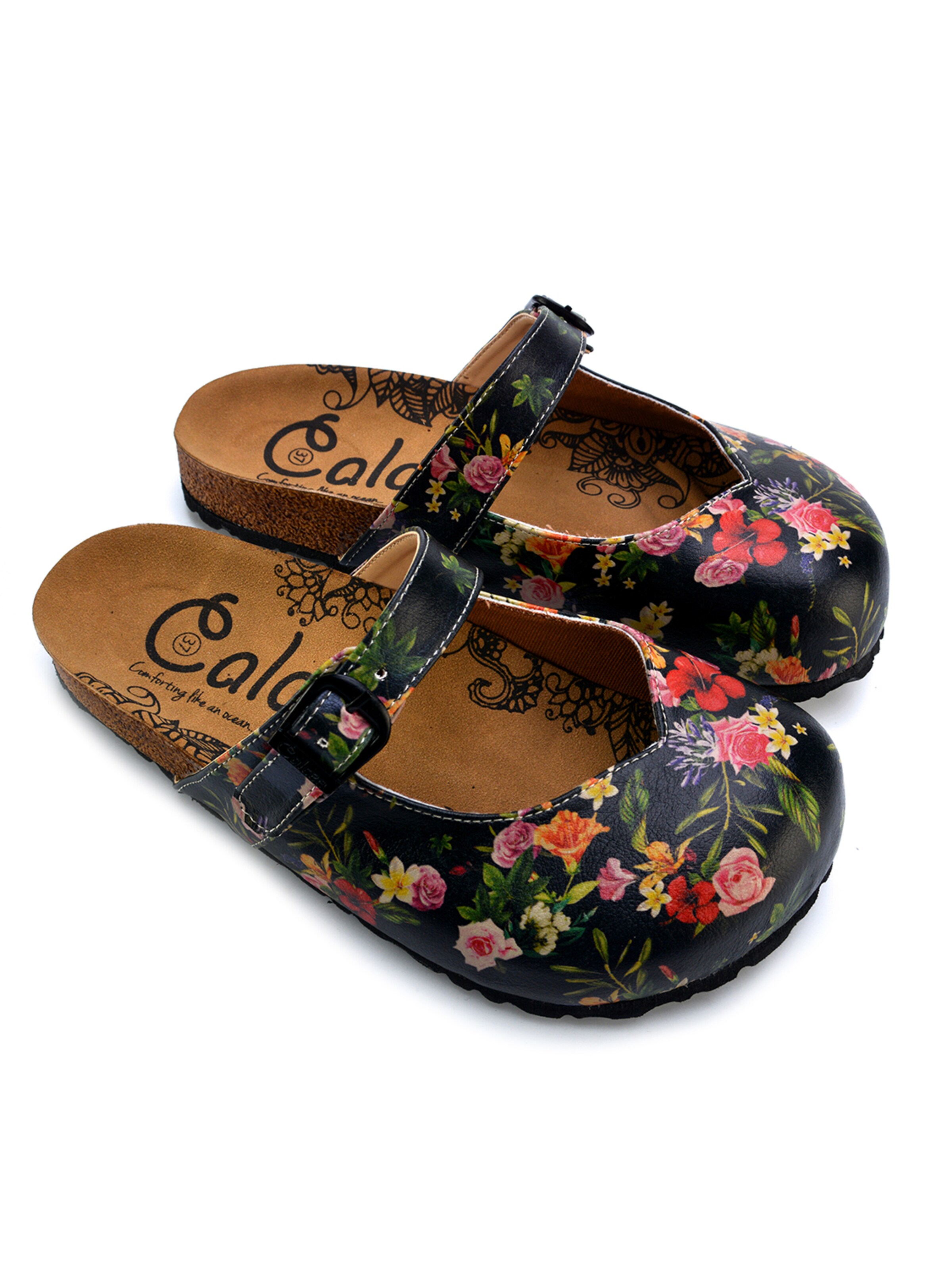 Goby Træsko 'Women shoes Goby-Calceo mules with flowers CAL2201' i sort