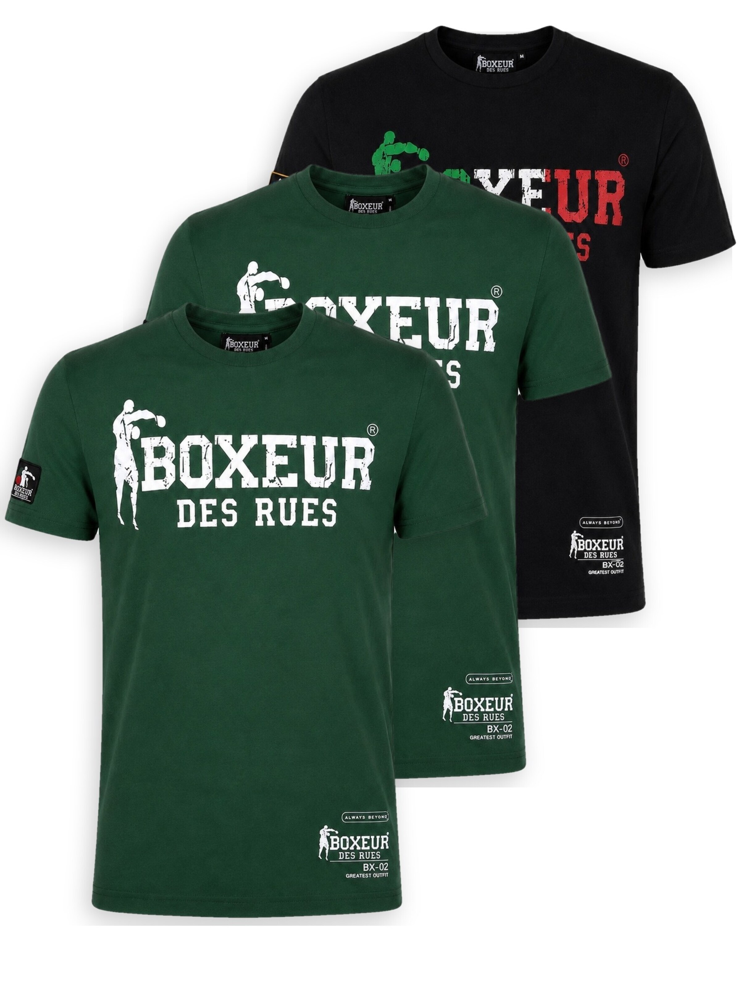 Boxeur des Rues - Camiseta 'Herren T-Shirt 3er-Pack Boxeur des Rues Slim Fit: Schwarz, Dreifarbiges Logo + 2 x Dunkelgrün, Weißes Logo' en Mezcla de colores: frente