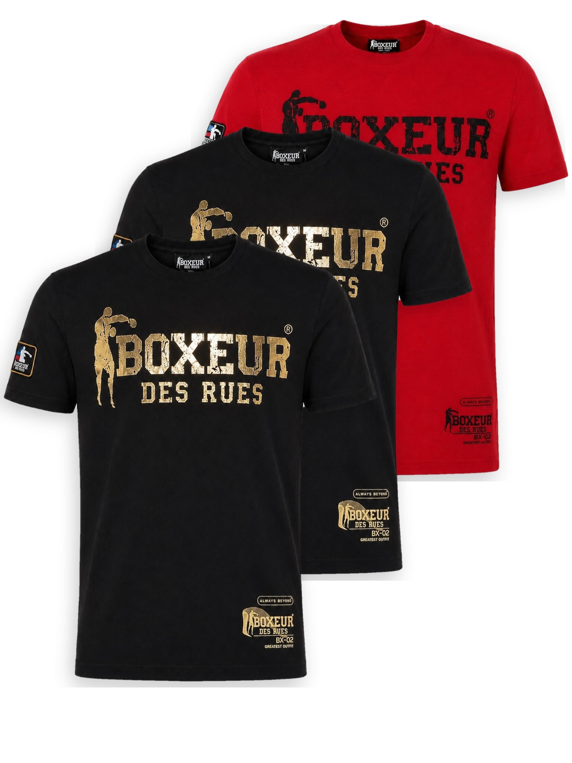 Boxeur des Rues Shirt 'Herren T-Shirt 3er-Pack Boxeur des Rues Slim Fit: 2 x Schwarz, Goldenes Logo + Rot, Schwarzes Logo'‌‌‌‌‌‌ in Mischfarben: Vorderseite