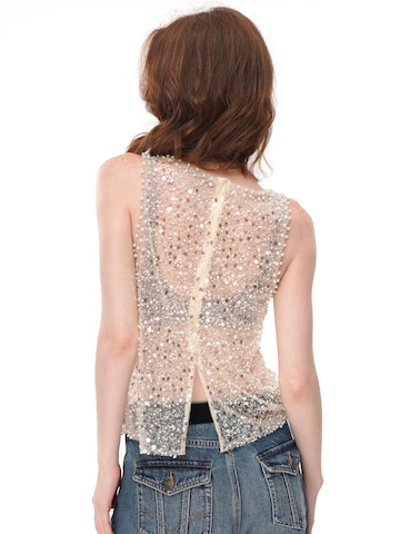 Camicia da donna 'All Over Sequin Rhinestone Mesh Sleeveless Top, Crew Neck Sheer Loose Fit Beaded Vest' di yoligex in bianco