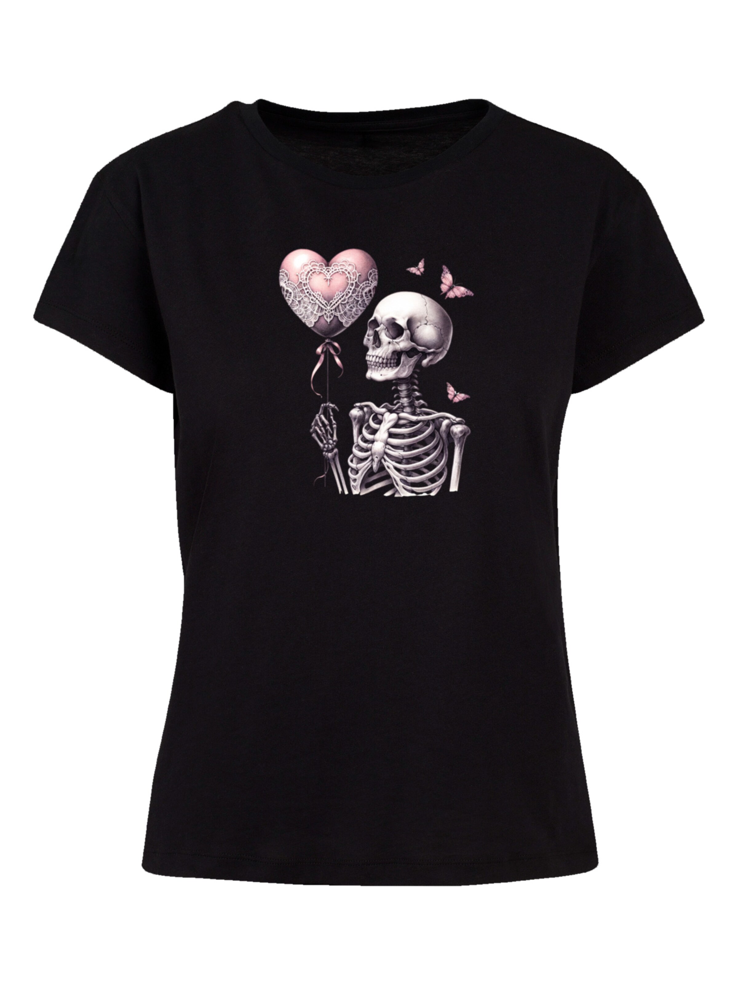 F4NT4STIC Shirt 'Skelett hält Herzballon' in Zwart: voorkant