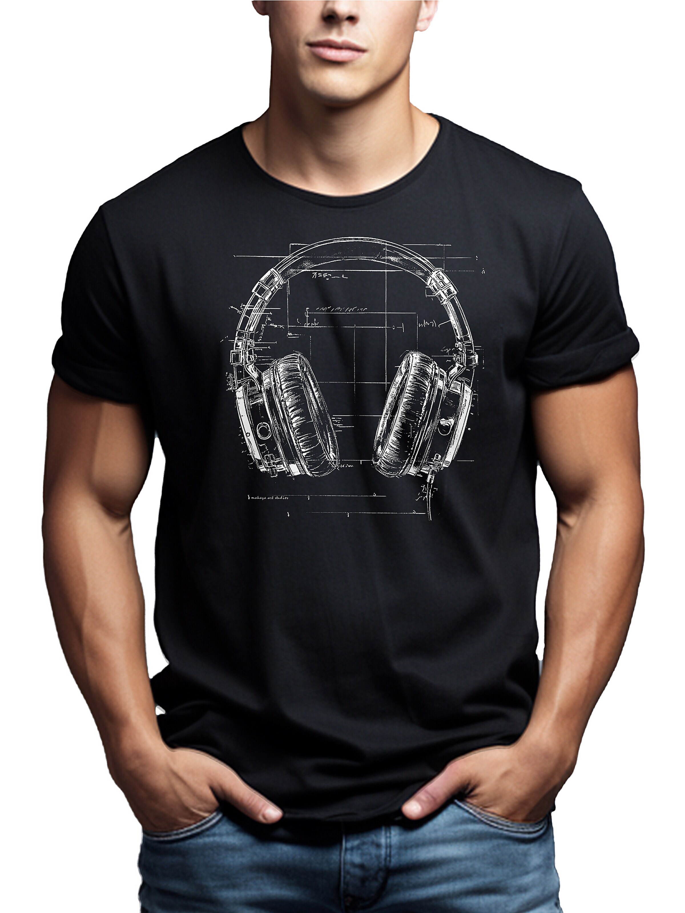 MAKAYA Shirt 'Blue Print Headphone' in Black