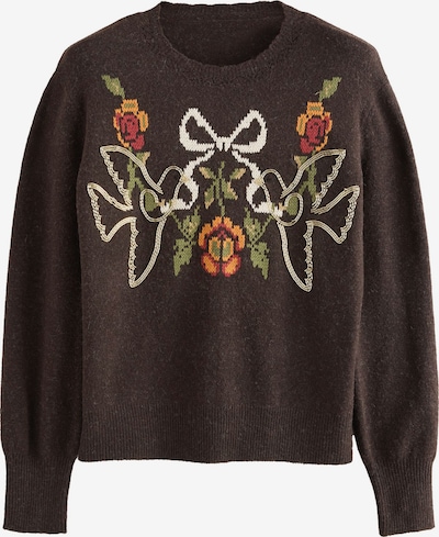 Pulover pe M love & roses pe ciocolatiu / galben curry / verde / alb, Vizualizare produs
