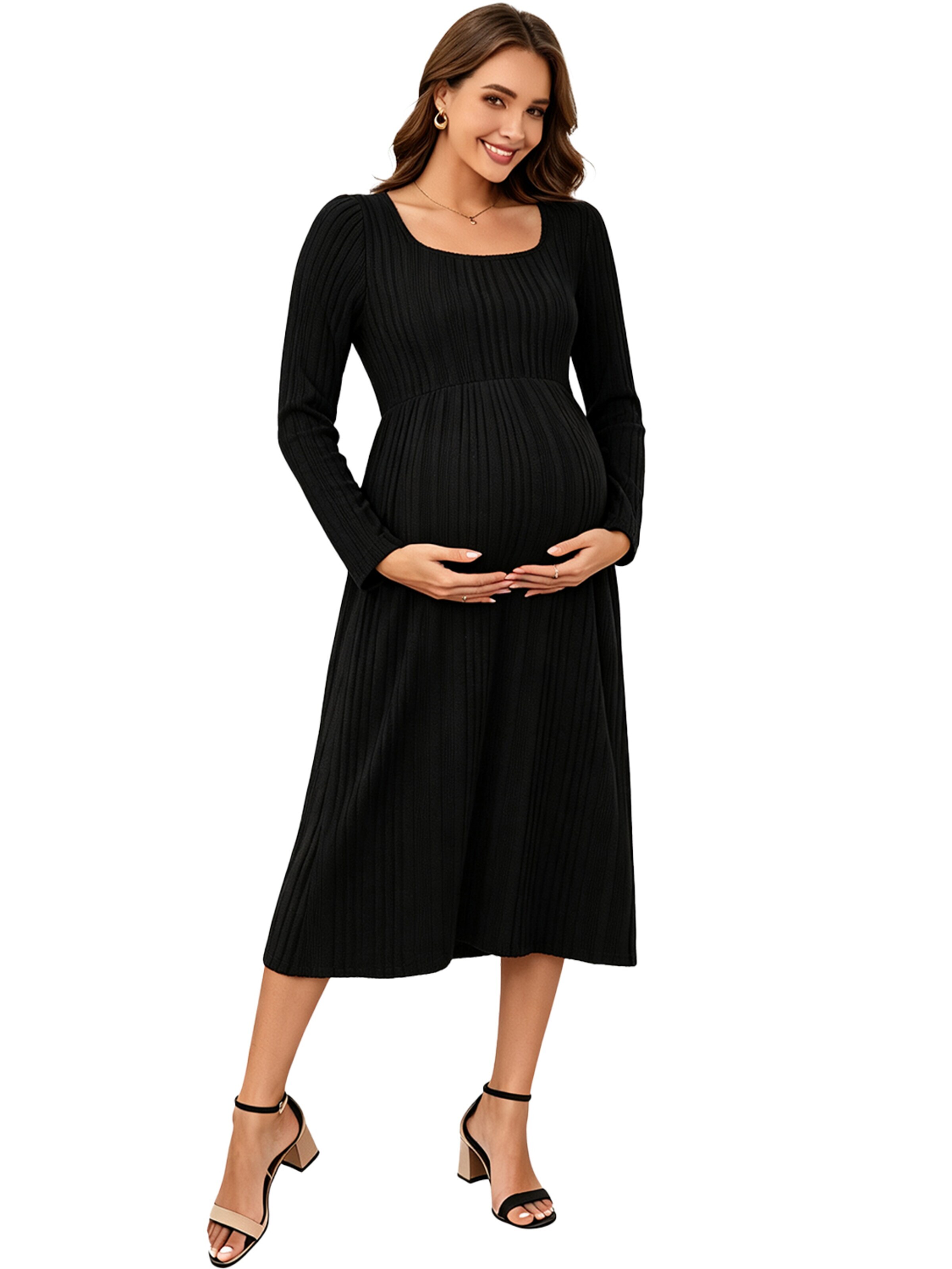 KoJooin Strickkleid 'Damen Umstands-Strickkleid mit U-Ausschnitt,langen Ärmeln und Rüschensaum,Midi-Kleid für Babyshower'‌‌‌ in XL in schwarz, Produktansicht