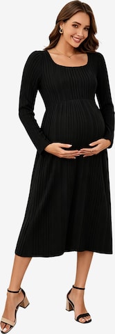 KoJooin Sukienka z dzianiny 'Damen Umstands-Strickkleid mit U-Ausschnitt,langen Ärmeln und Rüschensaum,Midi-Kleid für Babyshower' w kolorze czarny: przód