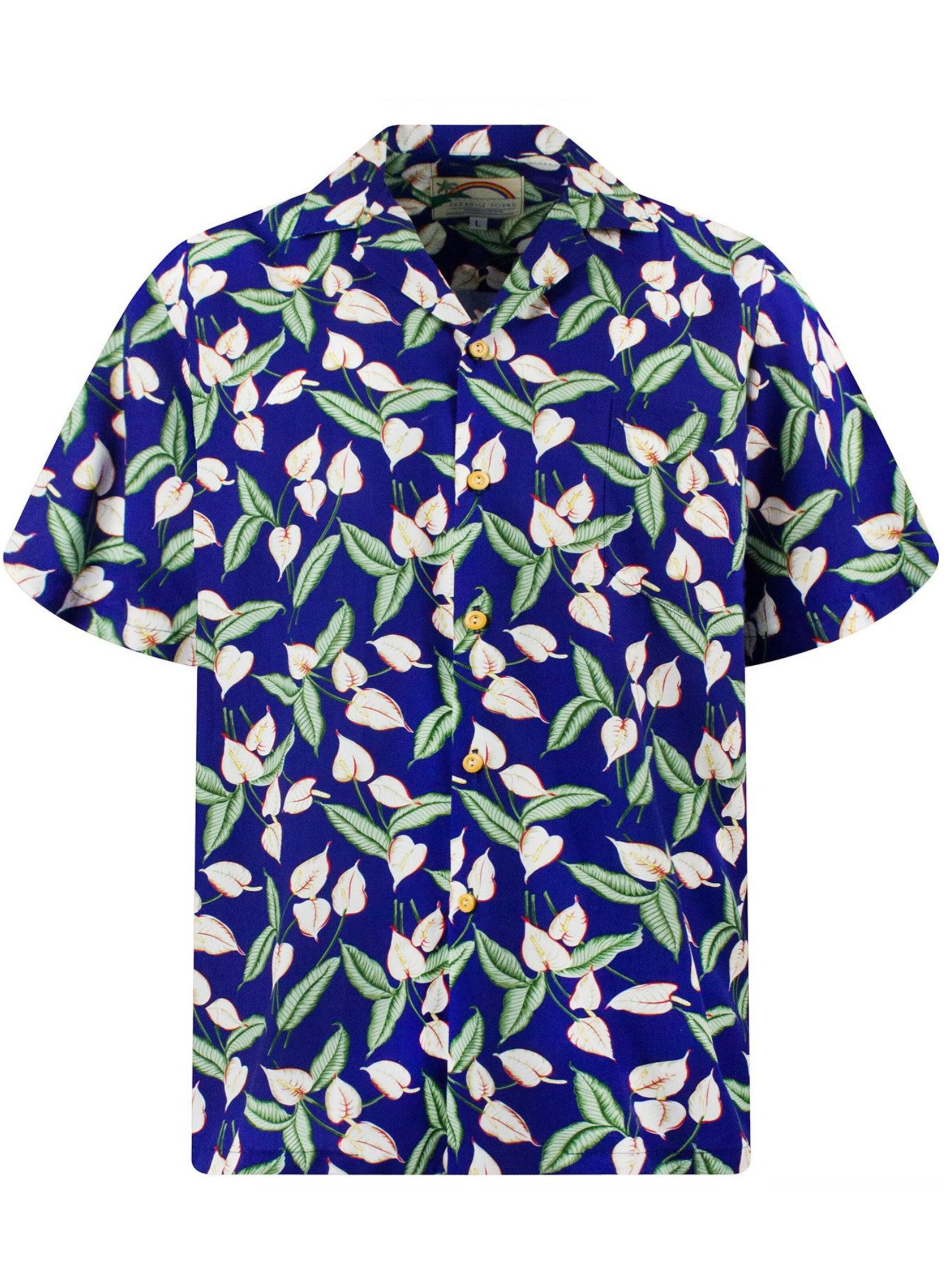 Paradise Found Regular Fit Hemd 'Tom Selleck Green Leaves'‌‌ in Blau: Vorderseite