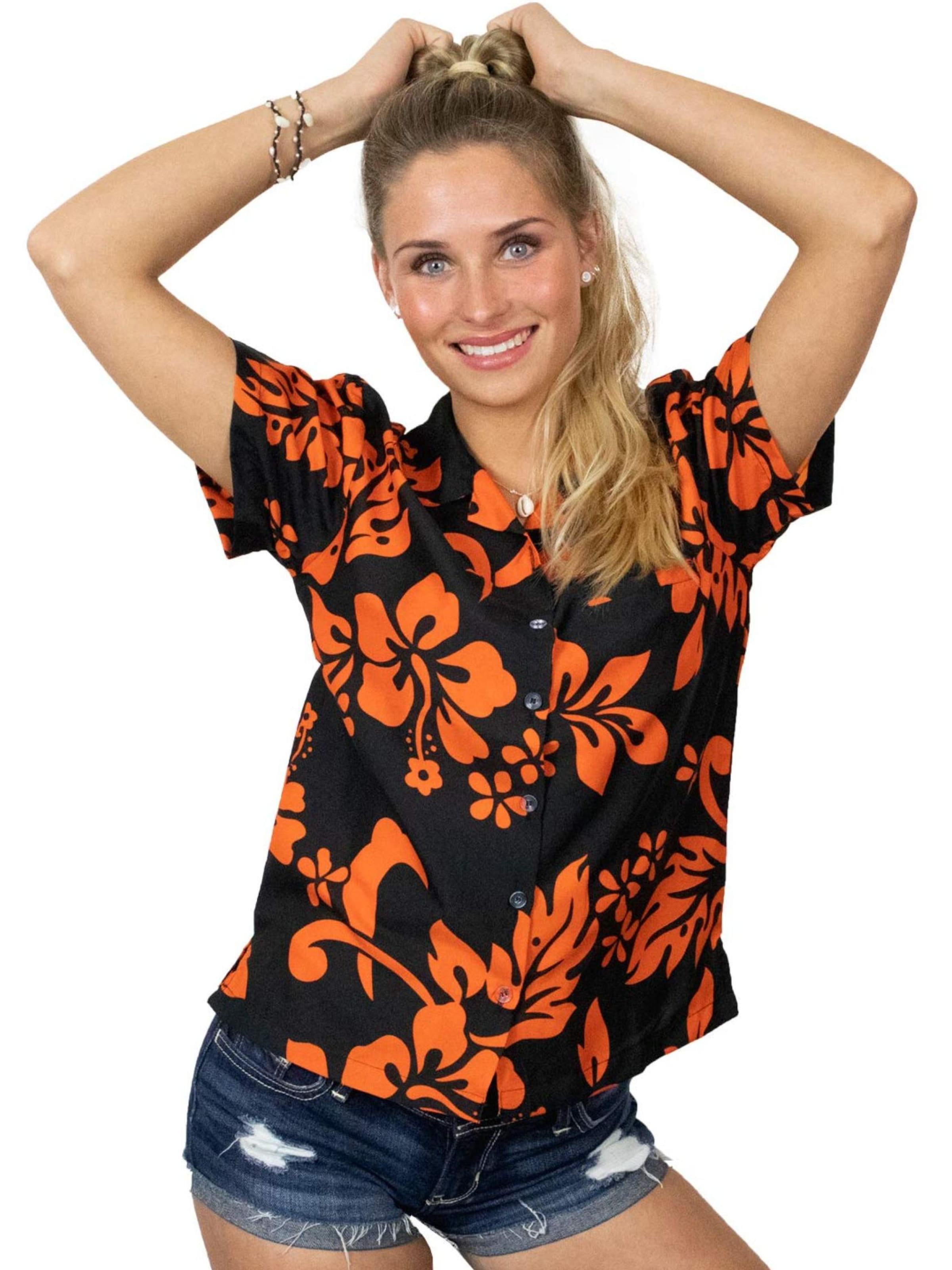 Camicia da donna 'Hibiscus Black Line' di King Kameha in arancione