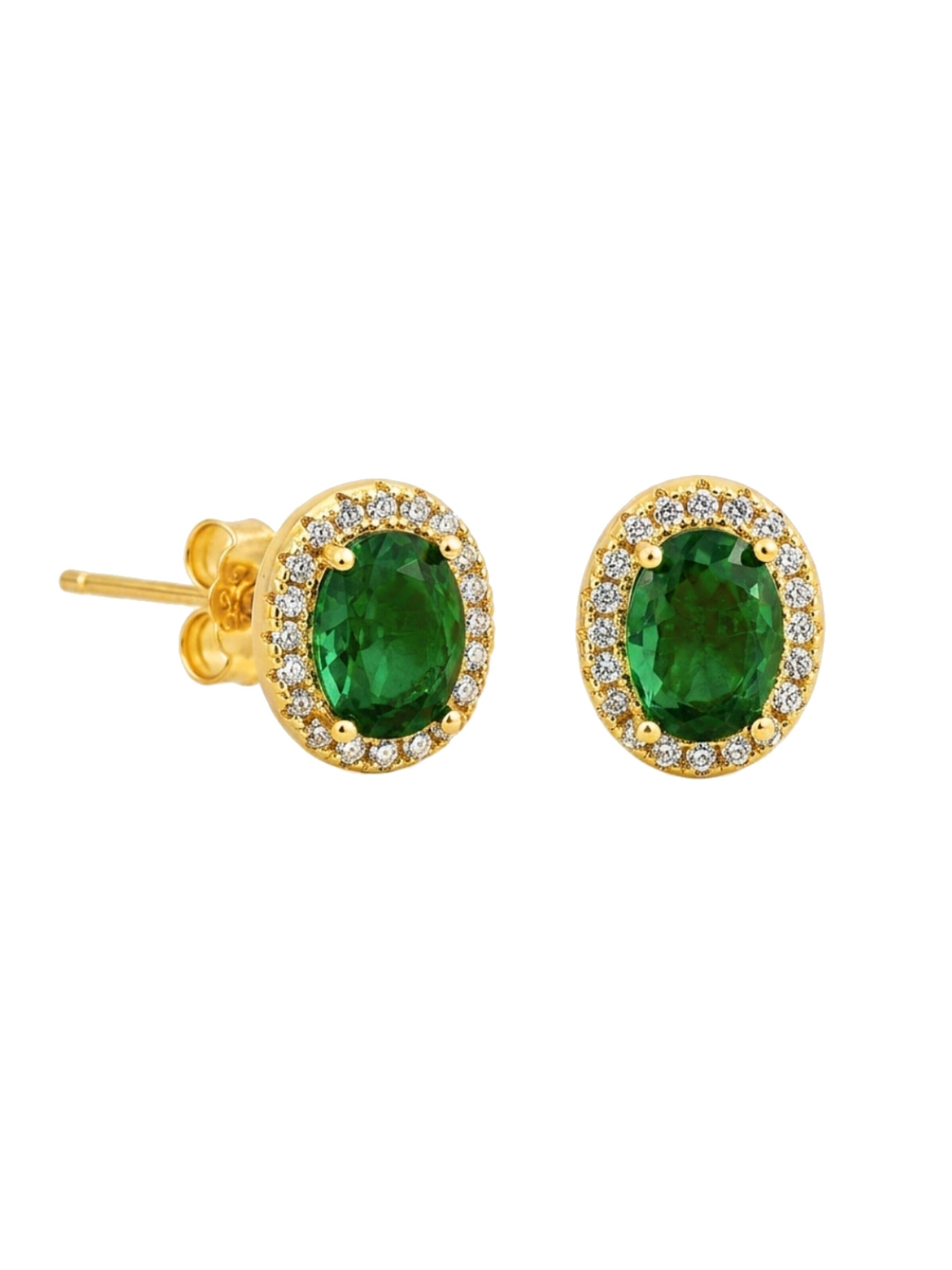 VANGUERATI Kolczyki 'Oval Emerald Halo Stud | 18K Gold Plated Sterling Silver' w kolorze zielony: przód
