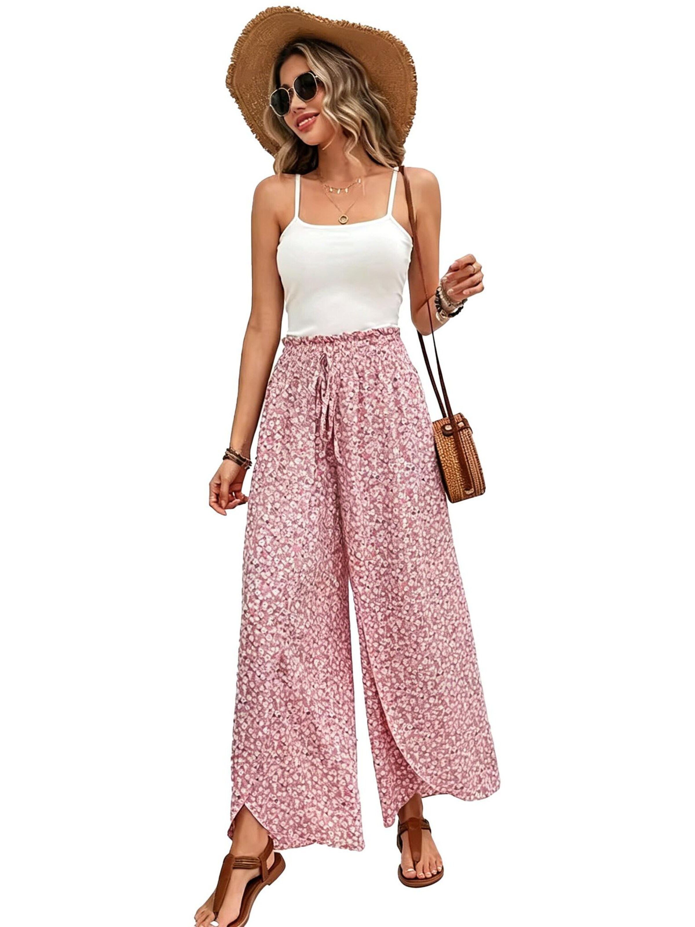 KoJooin Lużny krój Spodnie 'Damen Culotte Mit Floralem Muster, Elastischem Bund Und Seitlichem Schlitz Style Für Jeden Anlass' w kolorze różowy: przód