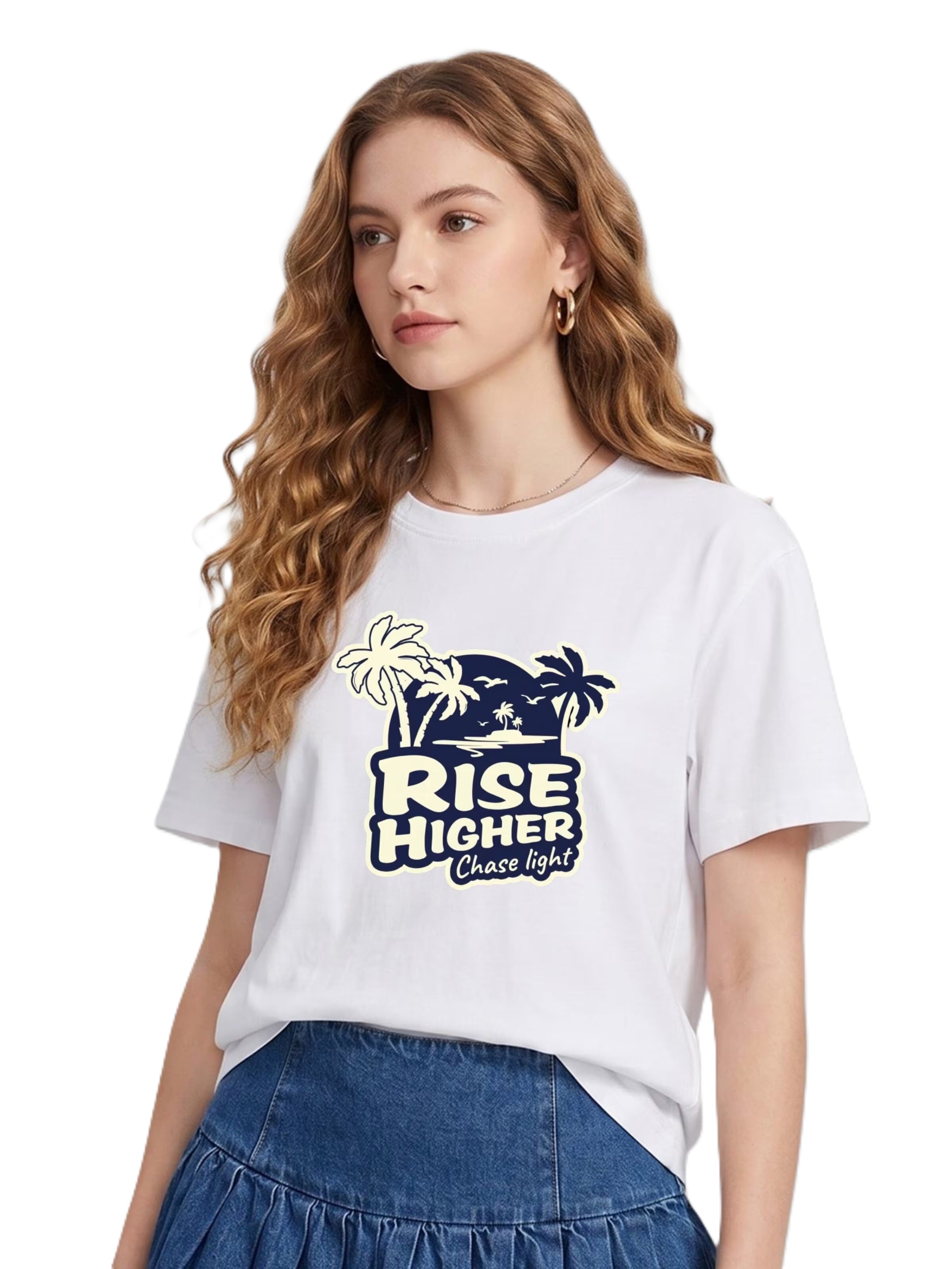 T-shirt 'Women Retro Island Palm Tree RISE HIGHER Slogan Print T-Shirt' LapaPlus en blanc : devant