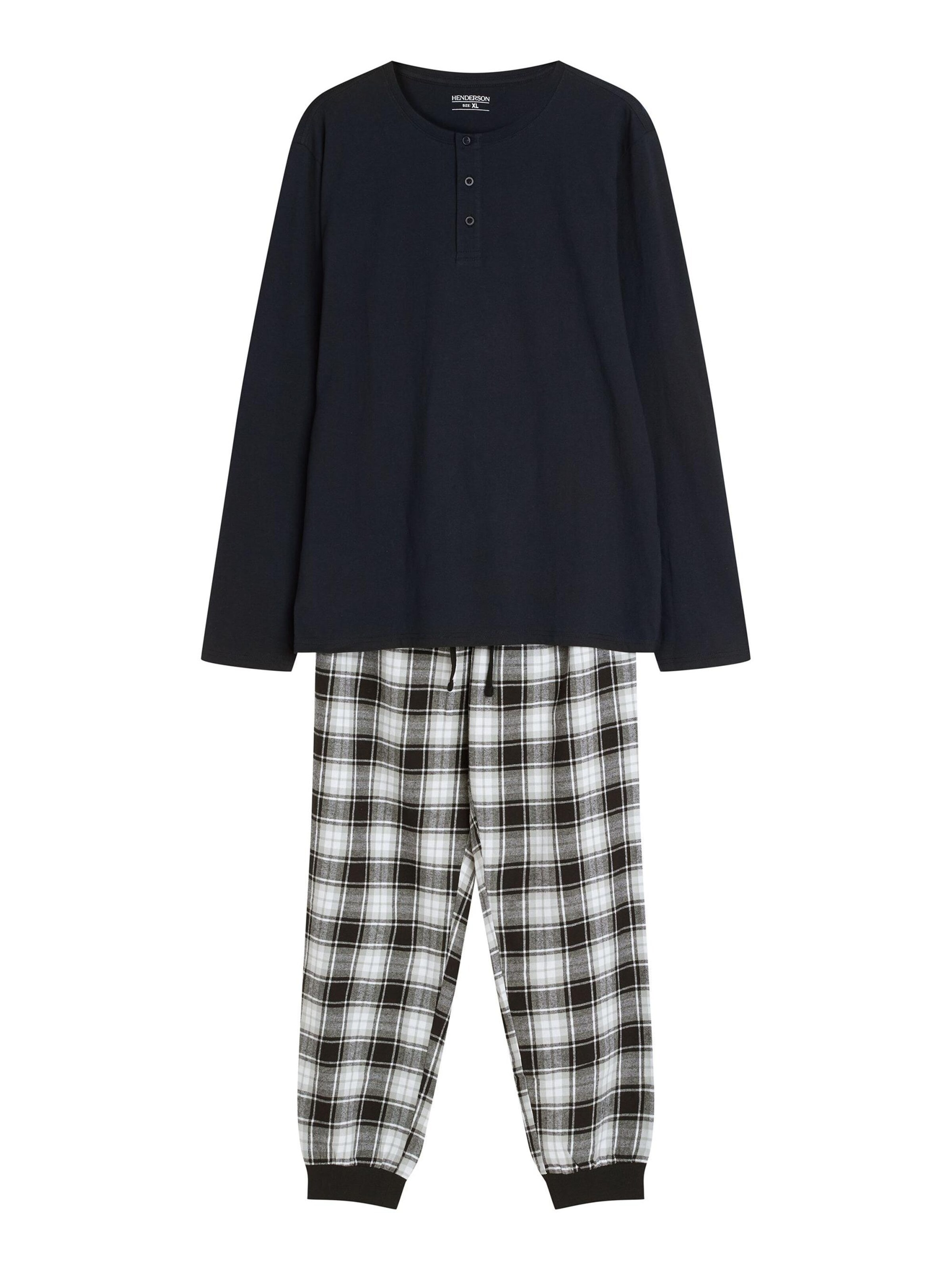 Henderson - Pijama largo 'Schlafanzug Langarm Rundhalsausschnitt Baumwolle Karomuster Noir' en negro: frente