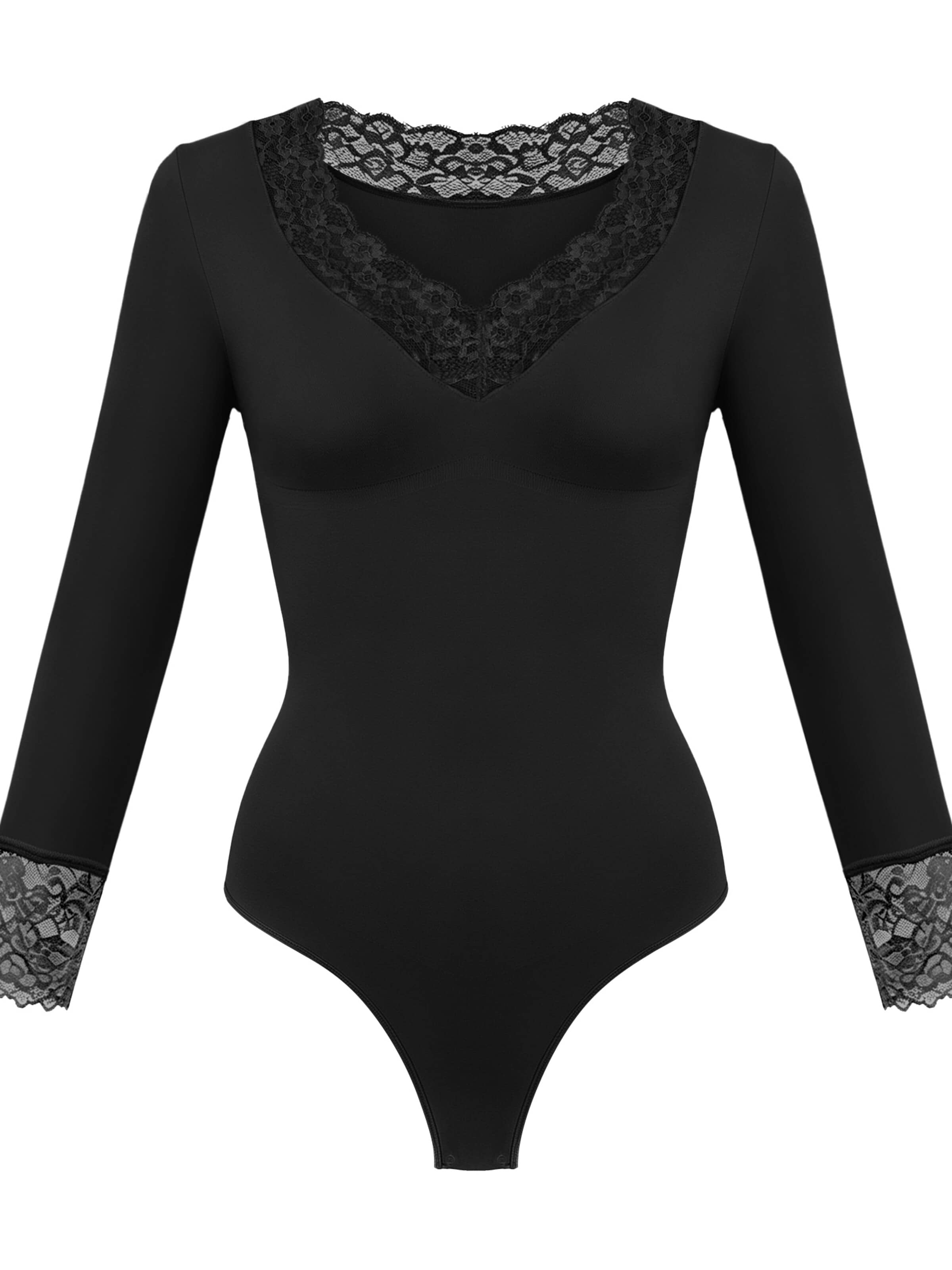 cfab Shaping bodysuit 'Clean Longsleeve V-Neck with Lace Sculpting Bodysuit with String' in XS in Black, Item view