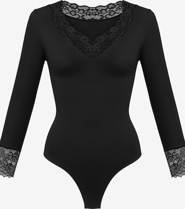 cfab - Body moldeador 'Clean Longsleeve V-Neck with Lace Sculpting Bodysuit with String' en negro: frente