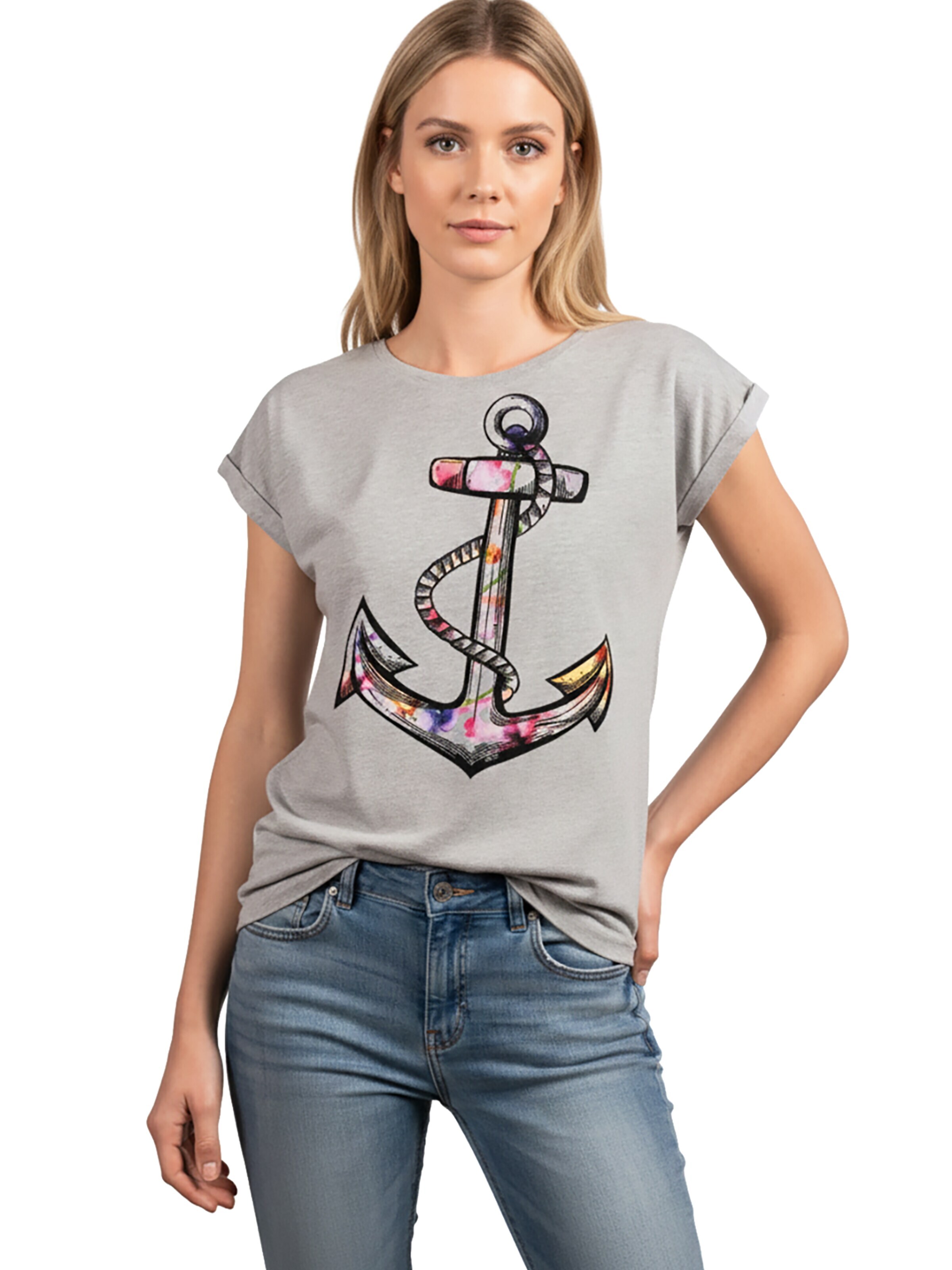 MAKAYA Shirt 'Blumen Anker' in Grey