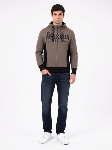 Boxeur des Rues Sweatshirt 'Herren Hoodie Fitted Boxeur des Rues mit Reißverschluss und Kapuze, Taupe-Beige, Schwarzes Logo, Baumwolle' in Beige