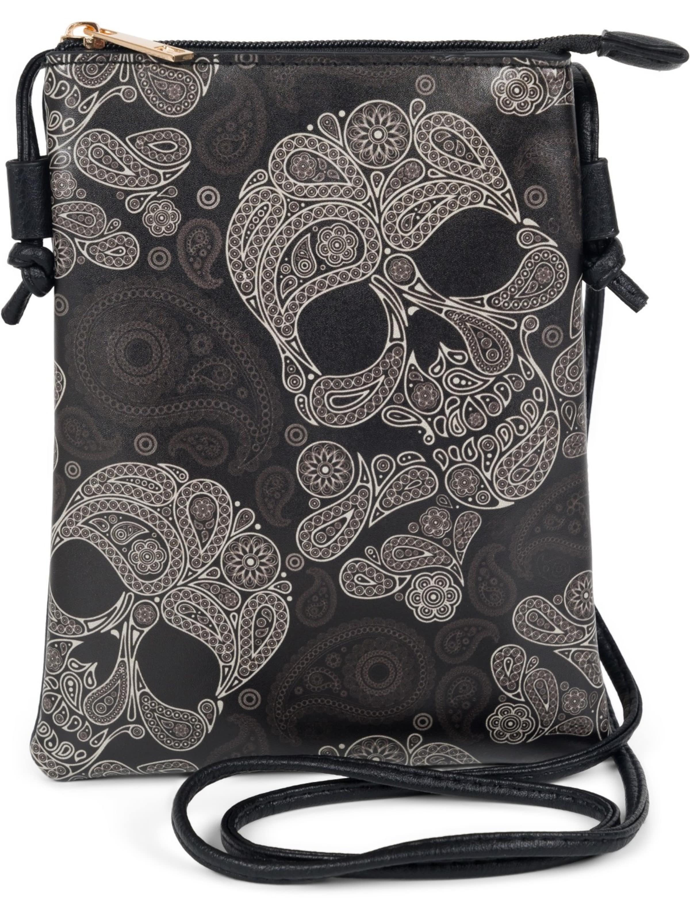 styleBREAKER Crossbody bag 'Mini Umhängetasche Totenkopf Paisley Print' in Black: front