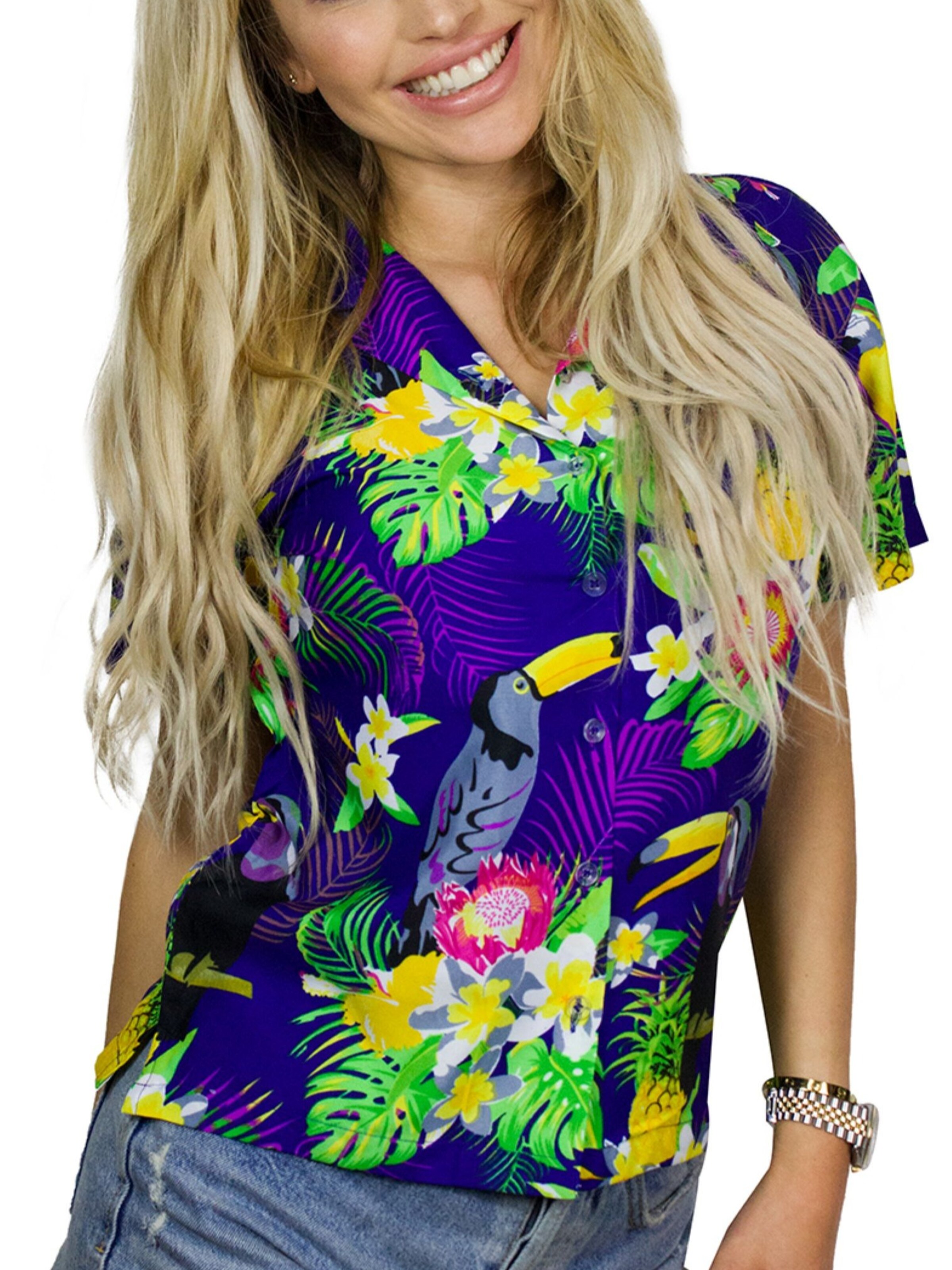 King Kameha Bluse 'Parrot Cockatoo'‌‌‌‌‌‌‌‌‌ in Blau: Vorderseite