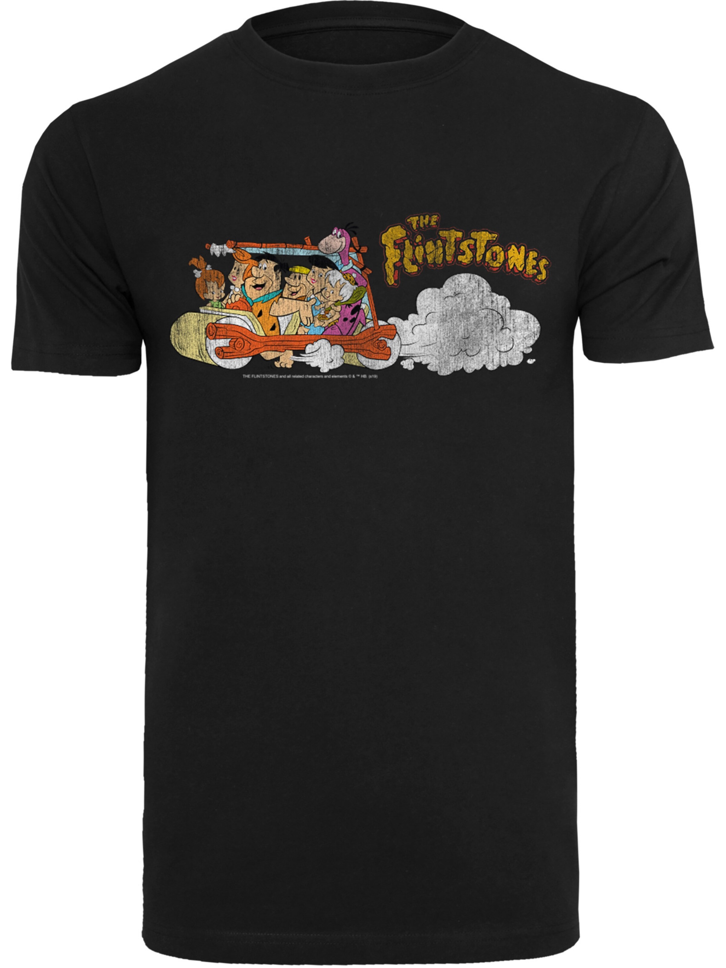 F4NT4STIC Shirt 'The Flintstones Family Car Distressed' in Zwart: voorkant