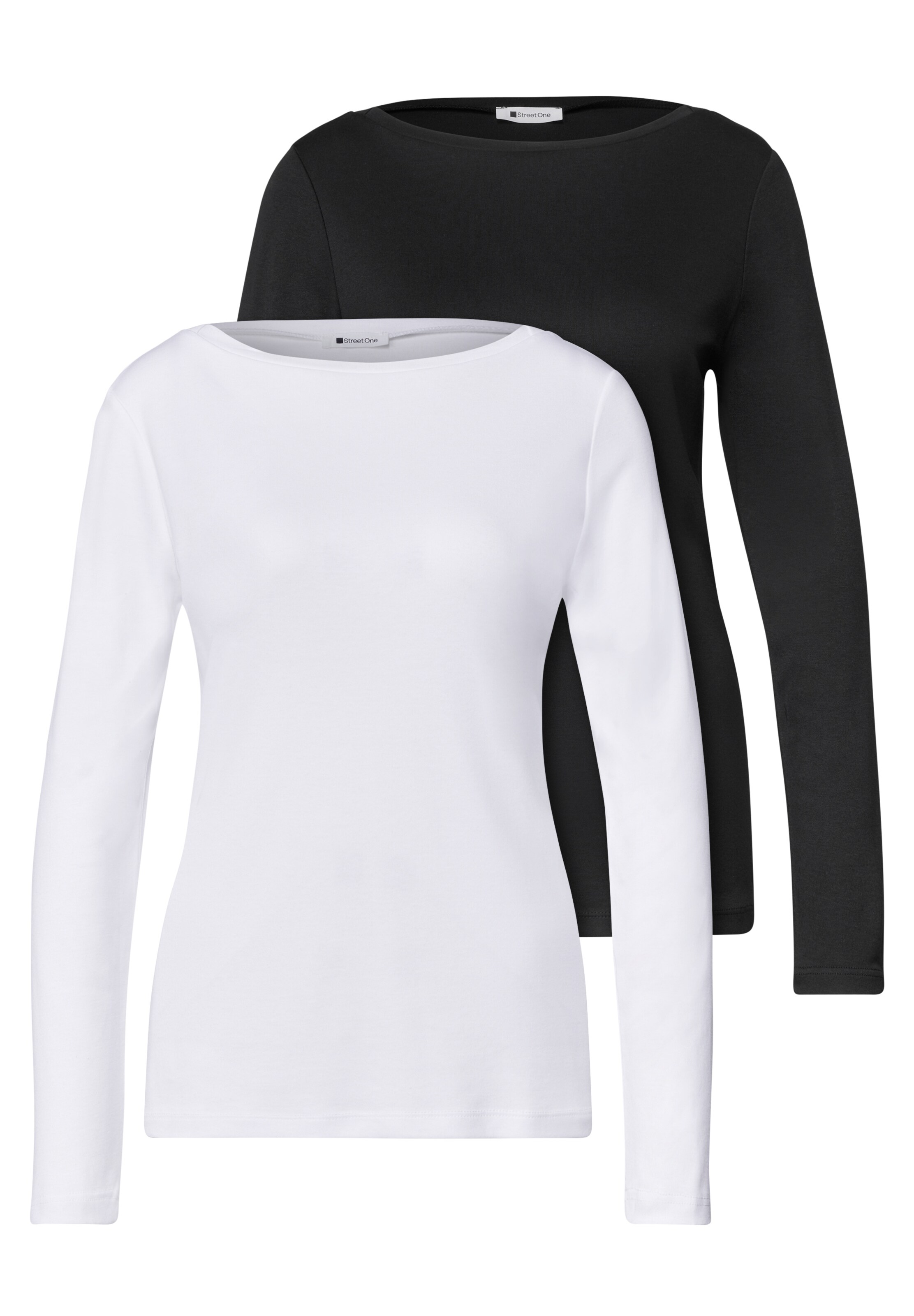 STREET ONE Langarm Shirts mit Boat Neck im 2er-Pack in XS in schwarz / weiß, Produktansicht