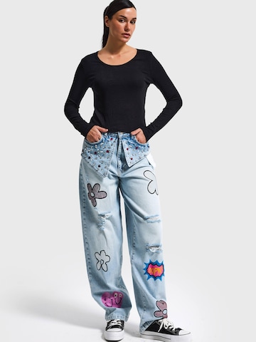 IT'S BASIC Loose fit Jeans 'RHINESTONE SKATER MID RISE JEANS' in Blue