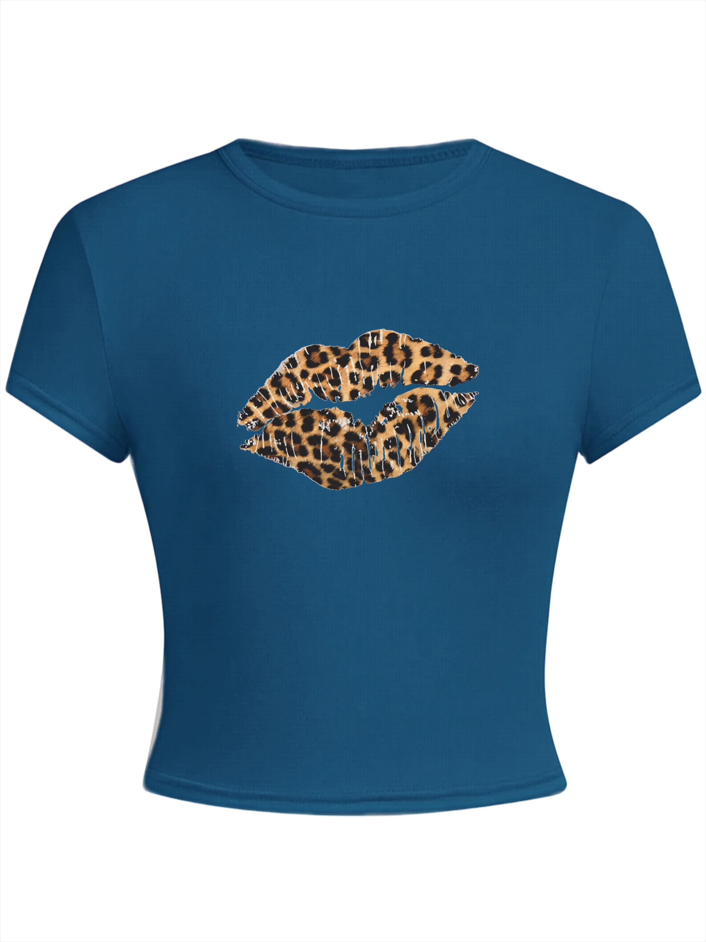 T-shirt 'Women's Casual Cotton Summer T-Shirt with Leopard Print lips' GORHEY en bleu : devant