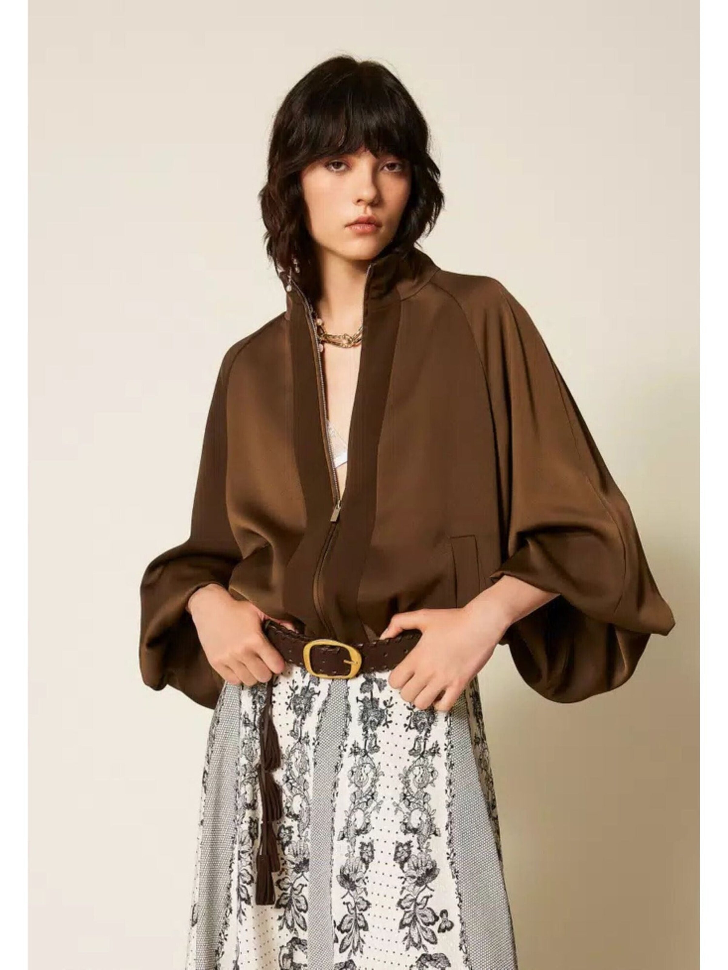 Twinset Between-season jacket 'balloon jacket in envers satin' in Brown