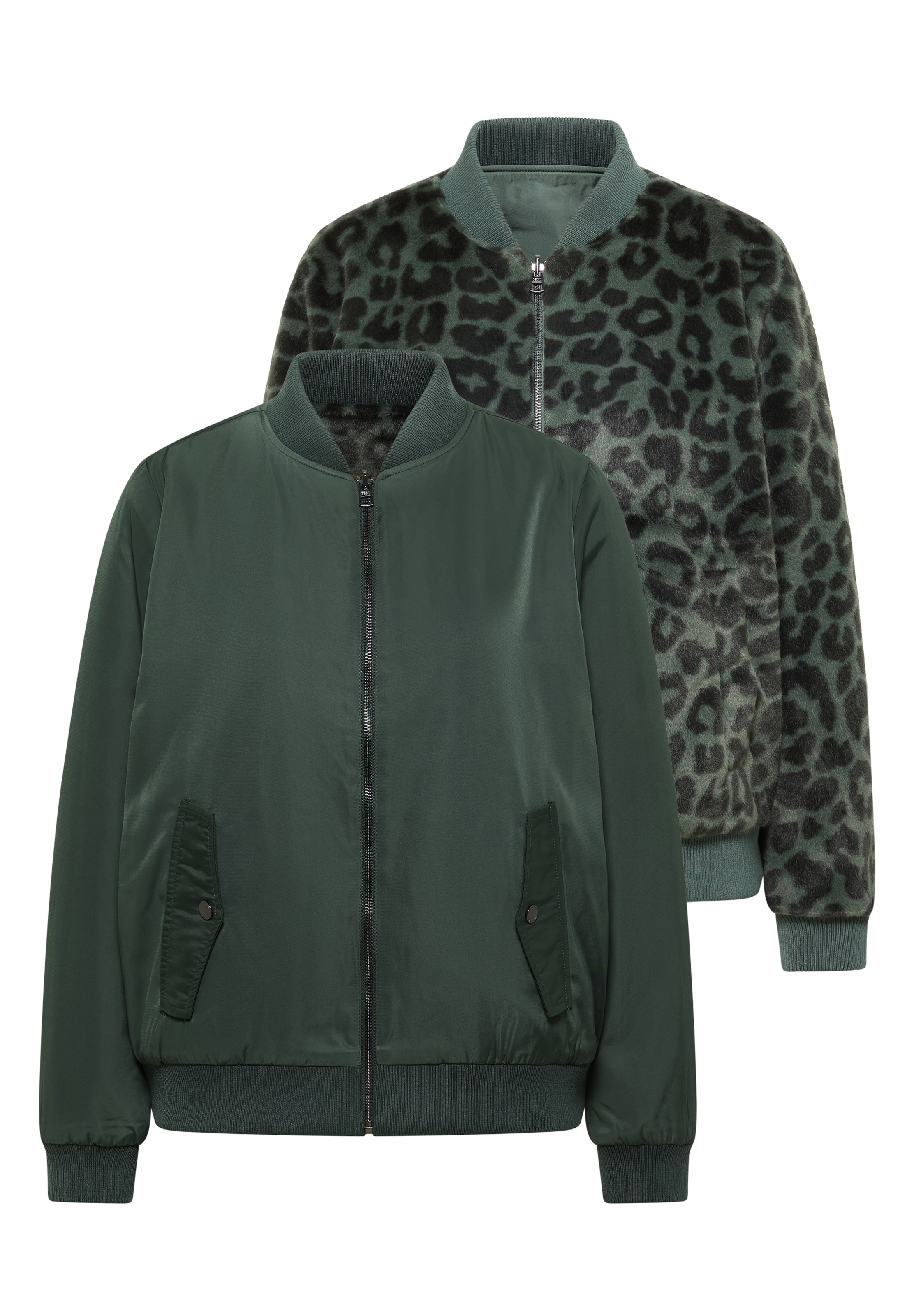 CECIL Wendbarer Fake Fur Blouson mit Leo-Muster in Grün: Vorderseite