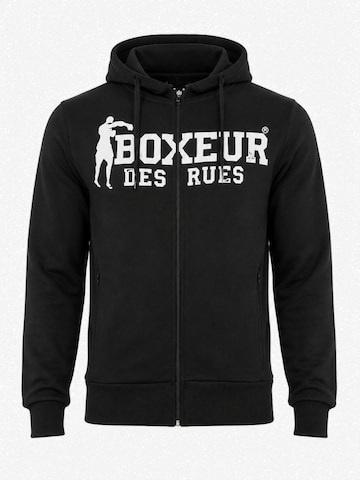 Boxeur des Rues Sweatshirt 'Herren Hoodie Fitted Boxeur des Rues mit Reißverschluss und Kapuze, Schwarz, Weißes Logo, Baumwolle' in Zwart