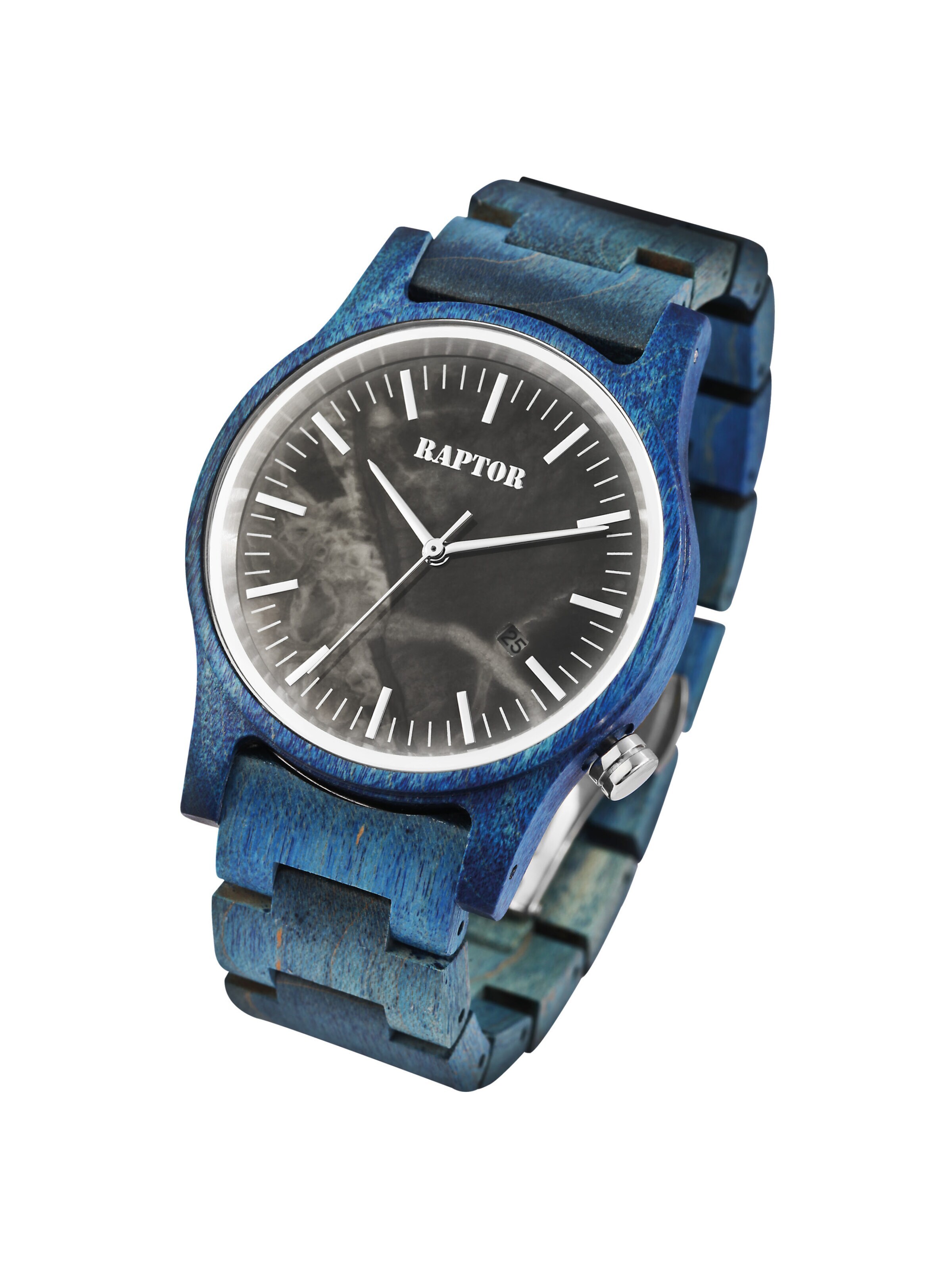 Raptor Analog Watch 'Varun aus Eichenholz mit echtem Marmorzifferblatt' in Blue: front
