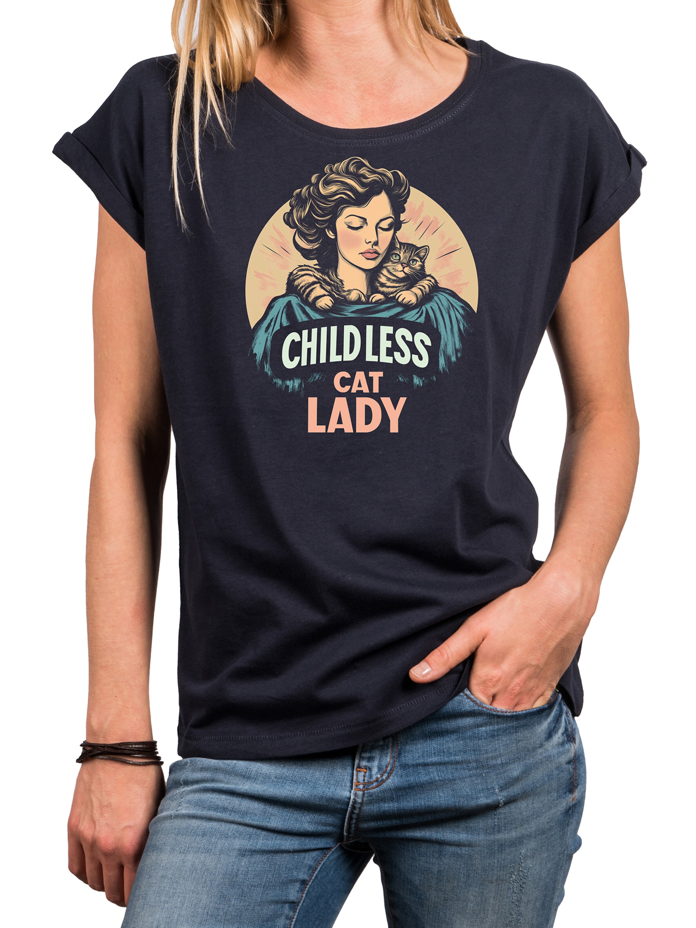 MAKAYA Shirt 'Childless Cat Lady' in Blue