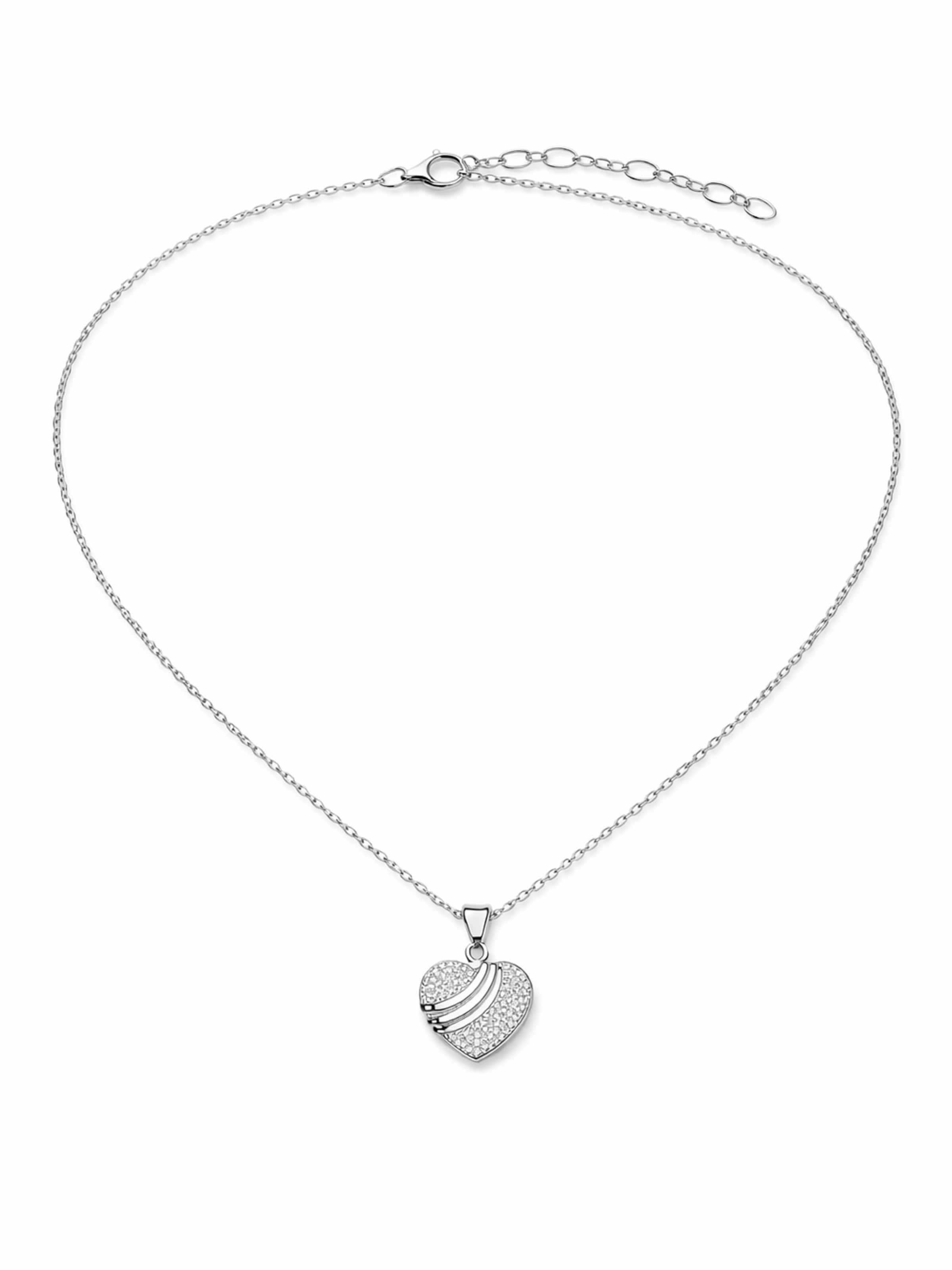 Staufergold Necklace 'Kette „Herzfunken“ – Herzanhänger mit Pavé-Funkeln & glänzenden Wellen – Silber' in Silver: front