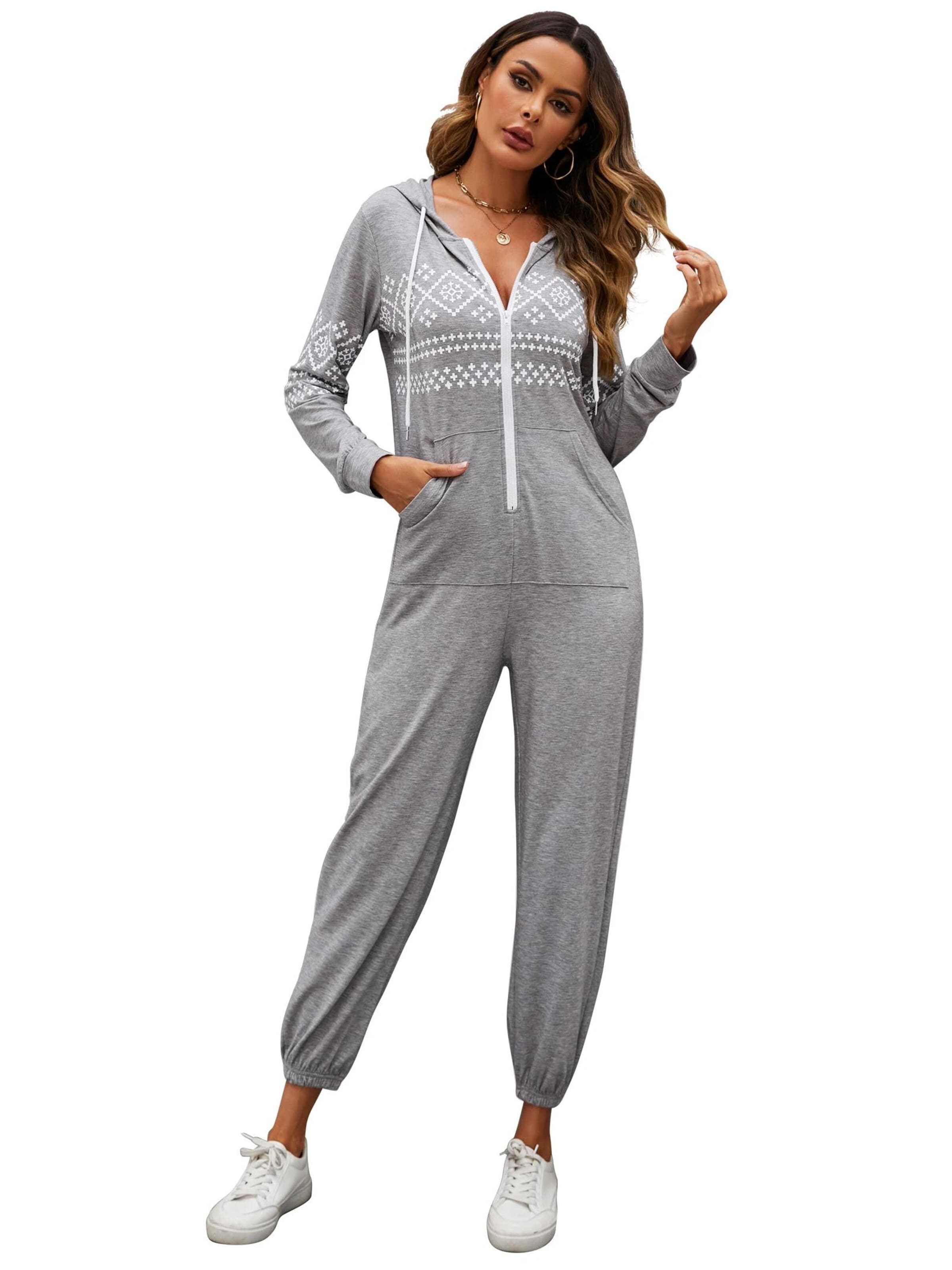 KoJooin Kombinezon 'Damen Overall mit Print, Kapuze, Kordelzug, langen Ärmeln und Taschen Bequemer Freizeit Jumpsuit' w kolorze szary