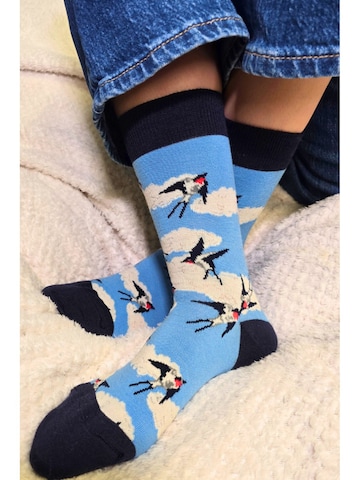 Calzino 'NORDIC SKY merino wool socks with swallows' di Sokisahtel in blu: frontale