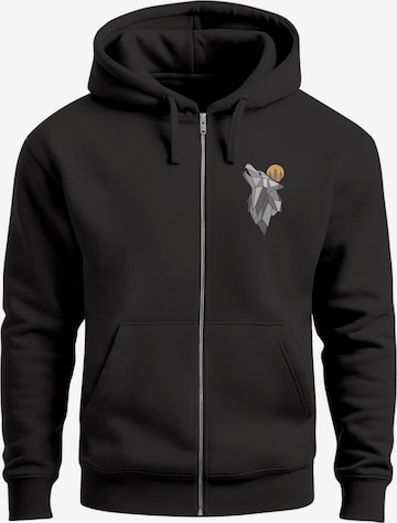 Neverless Zip-Up Hoodie 'Polygon Wolf' in Black: front