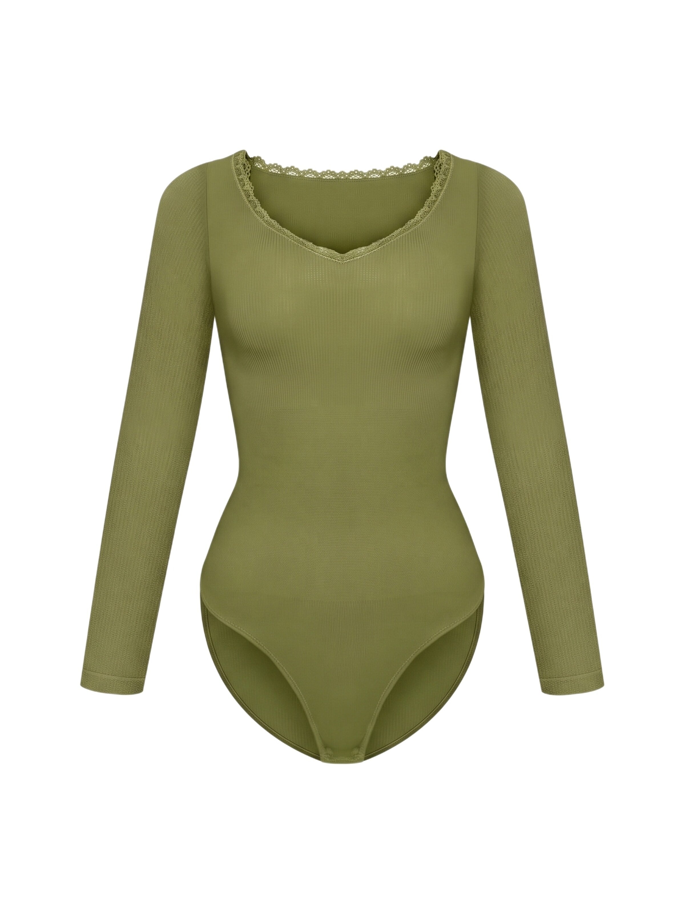 cfab Body 'Ribbed Longsleeve V-Neck Sculpting Lace Bodysuit with Slip' in Groen: voorkant