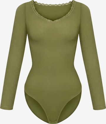 cfab Body 'Ribbed Longsleeve V-Neck Sculpting Lace Bodysuit with Slip' in Groen: voorkant