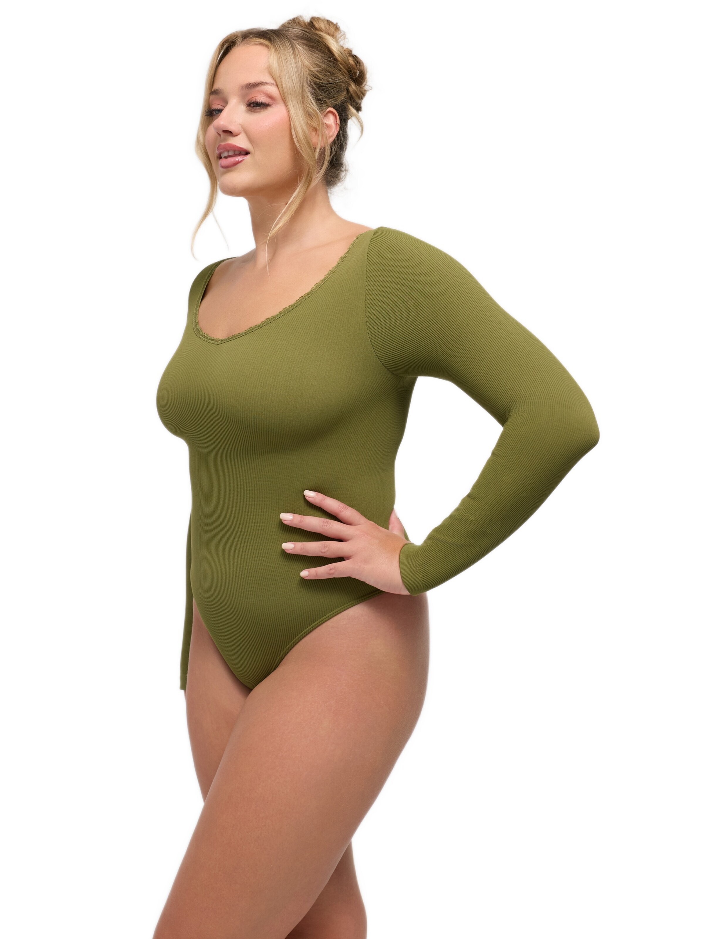 cfab Body 'Ribbed Longsleeve V-Neck Sculpting Lace Bodysuit with String' värissä vihreä