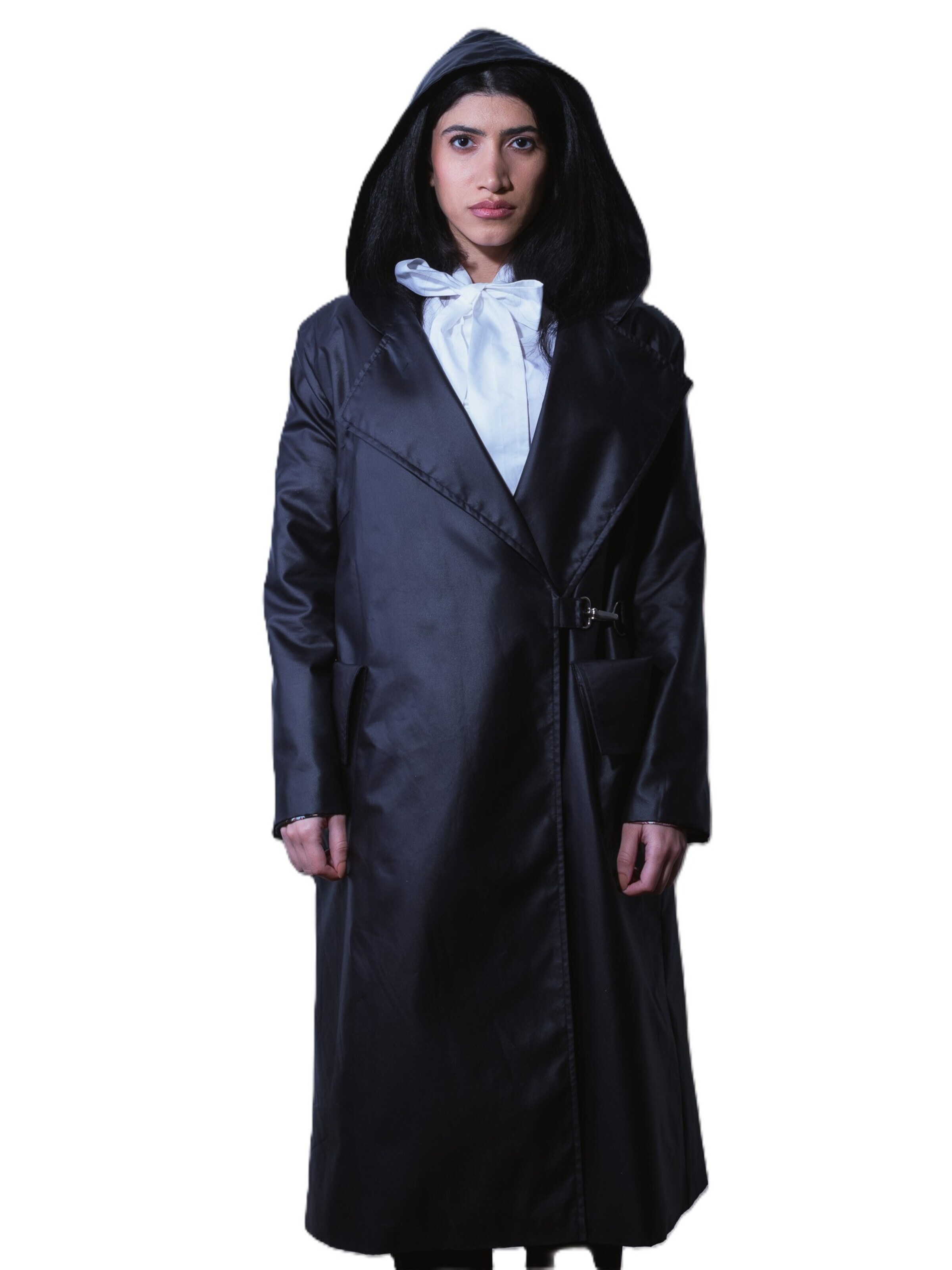 BIBI SAKALIEVA Between-seasons coat 'Black Long Hooded Trench Coat' in Black: front