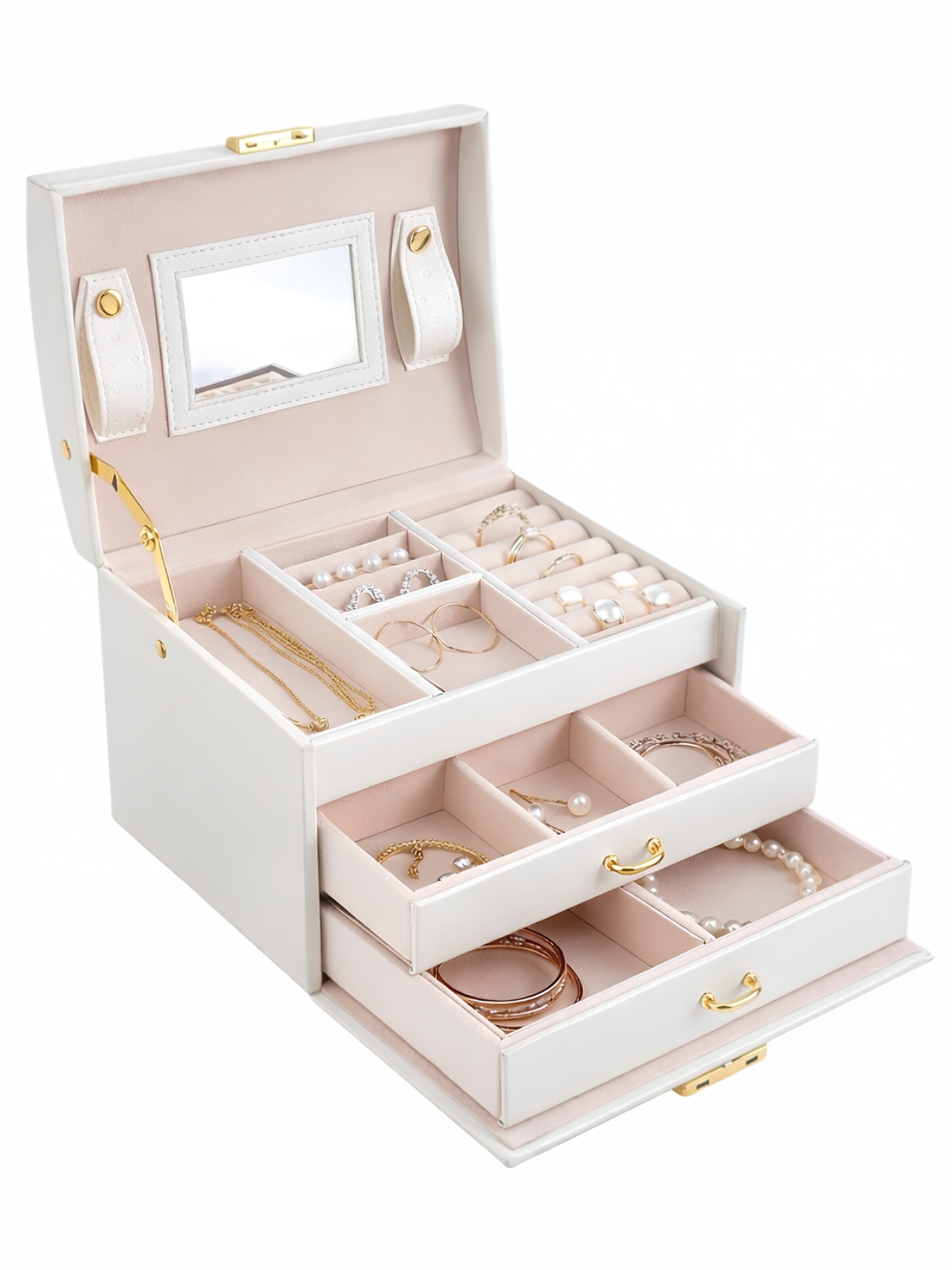 Casetă bijuterii 'Nellia Jewellery Box – Lockable Organiser with Mirror & 2 Drawers (Cream White)' de la UNIQ Beauty pe alb