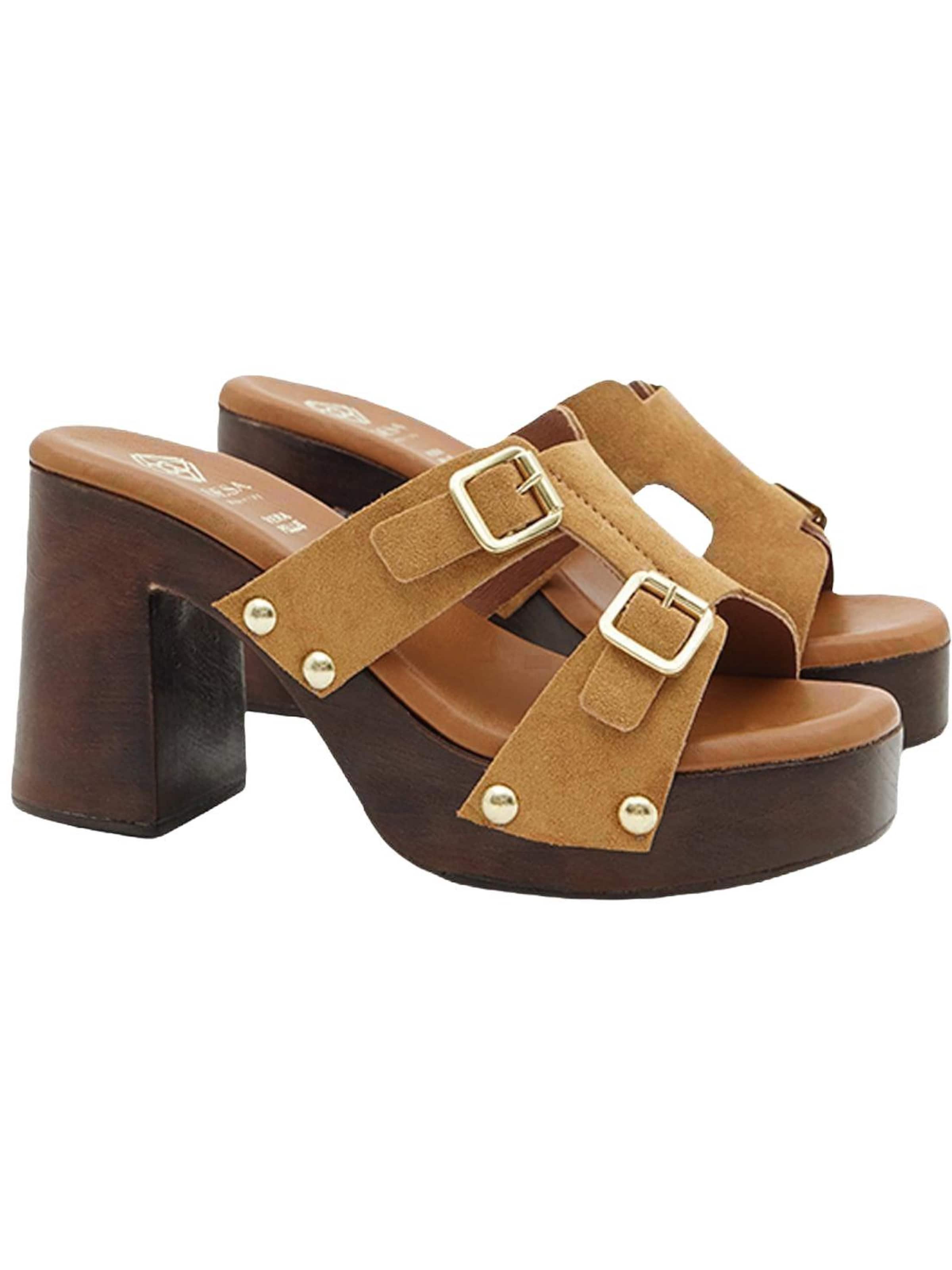 Desa - Zapatillas de casa 'DESA Damen-Plateausandalen aus Wildleder mit Doppelschnalle' en marrón: frente