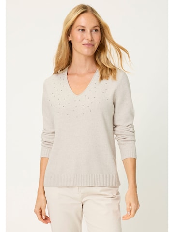 Olsen Pullover, mit  V-Ausschnitt, mit funkelnden Ziersteinen auf der Vorderseite in Beige: Vorderseite